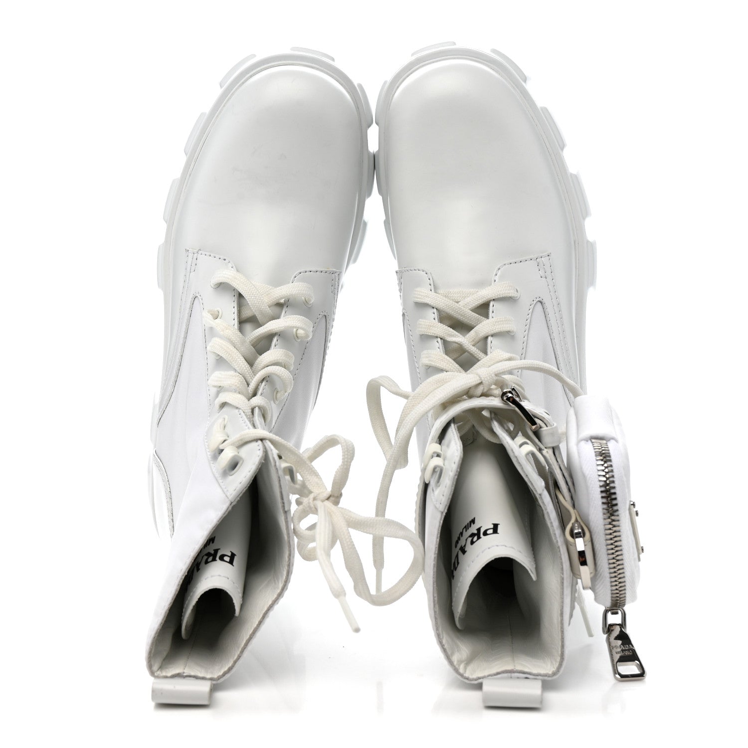 Prada Spazzolato Rois Re-Nylon Metal Triangle Logo Monolith Pouch Pocket 55mm Boots 40.5 White