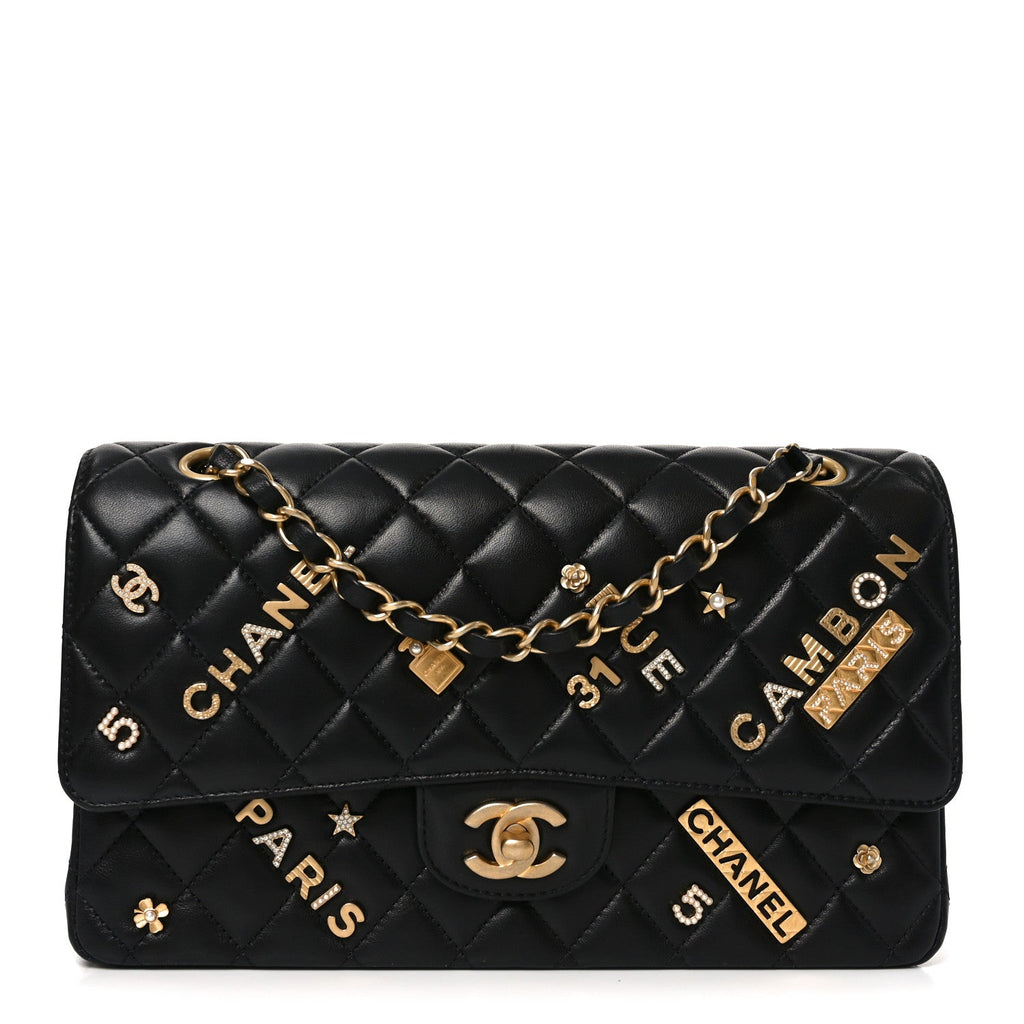 Chanel Lambskin Quilted Medium Rue Cambon Charms Double Flap Black