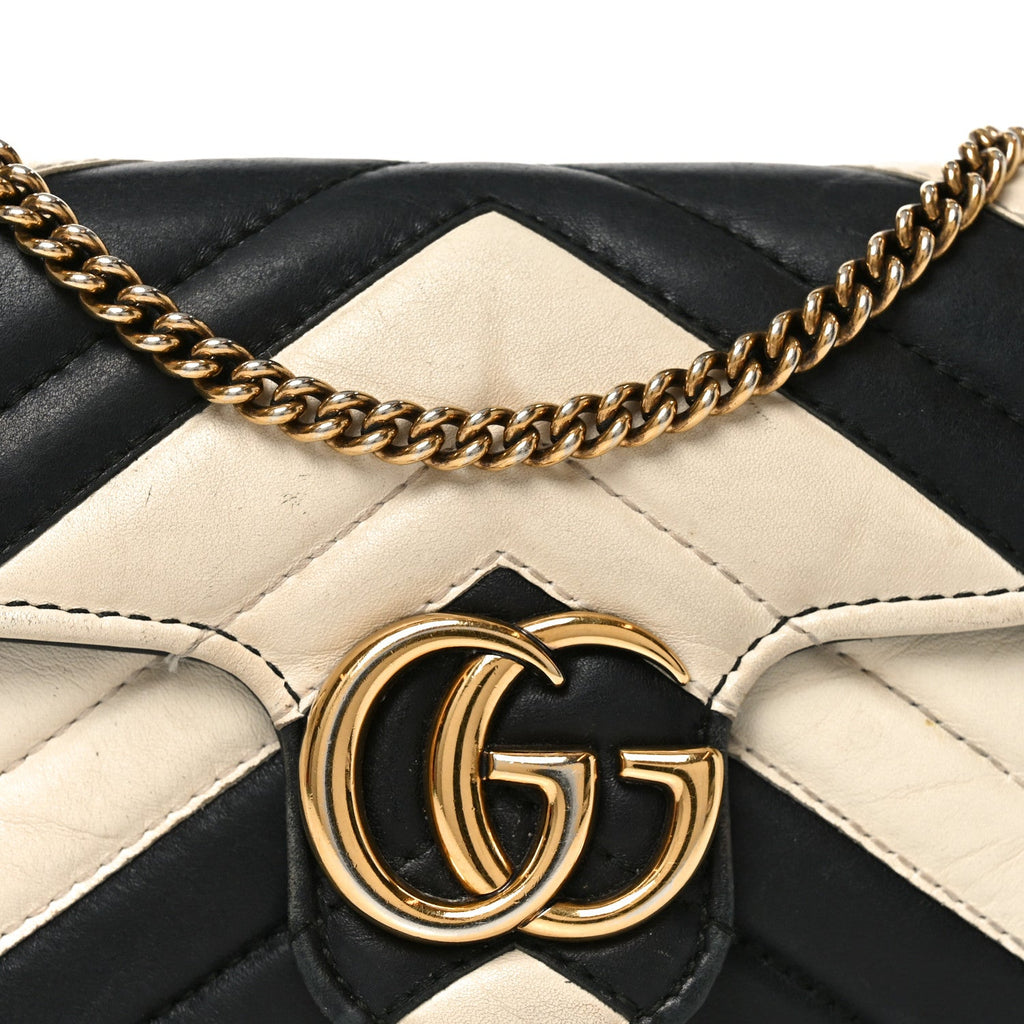 Gucci Calfskin Matelasse Super Mini GG Marmont Shoulder Bag Black White