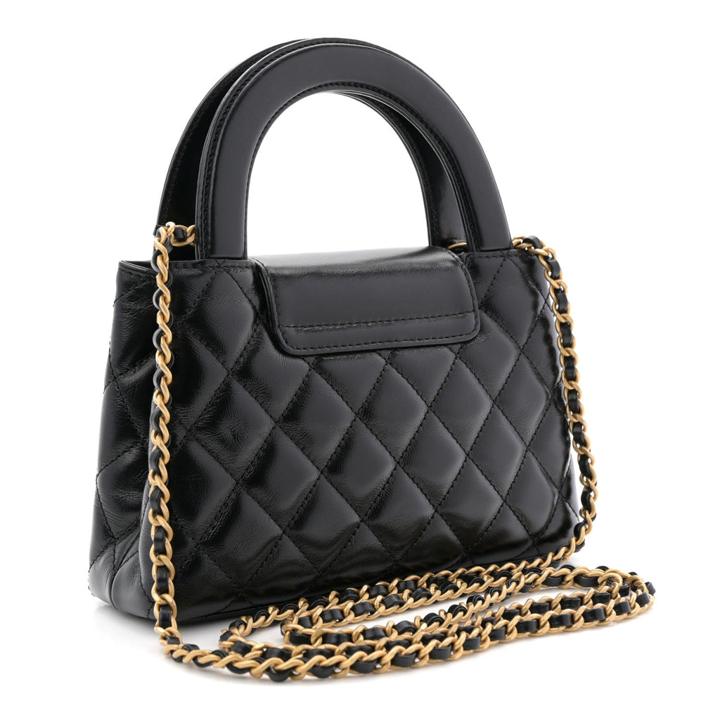 Chanel Shiny Aged Calfskin Quilted Nano Kelly Shopper Black
