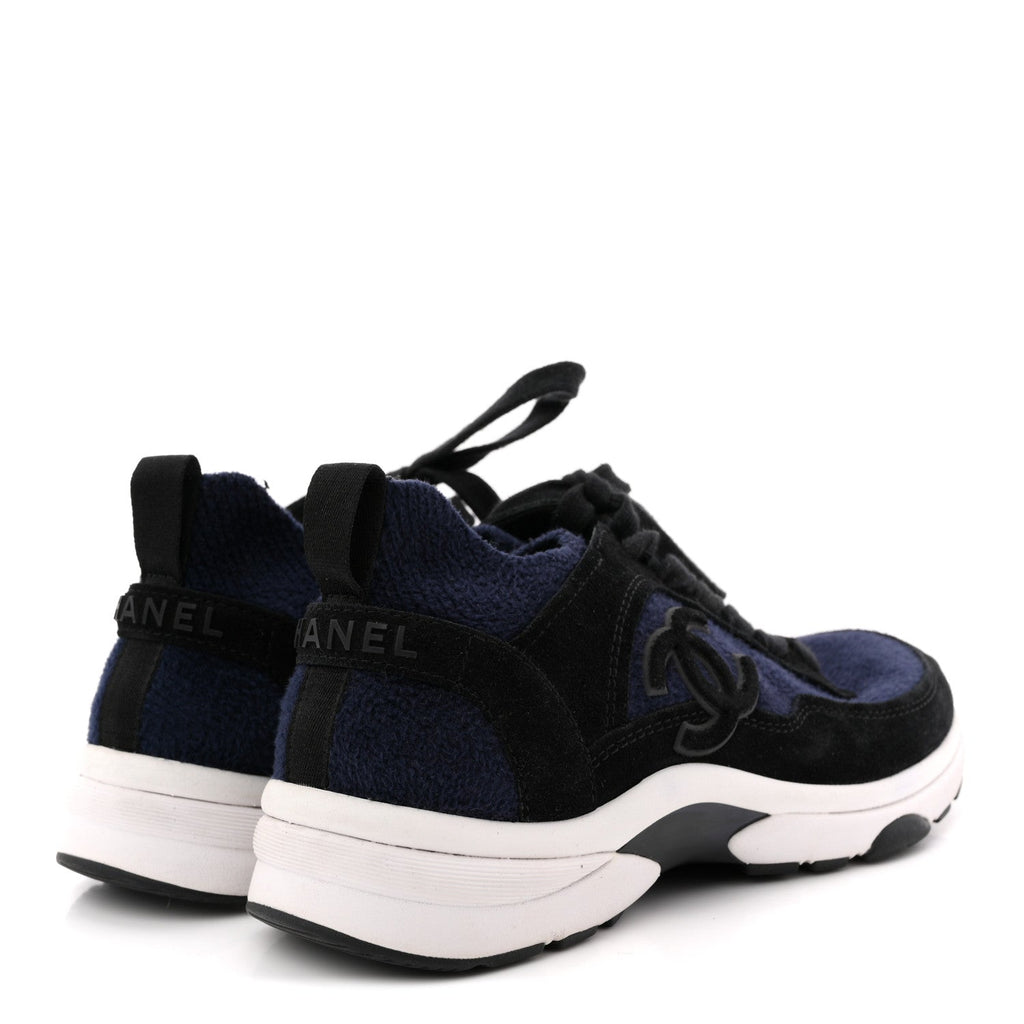 Knit Fabric Suede Calfskin Womens CC Sneakers 36 Navy Black