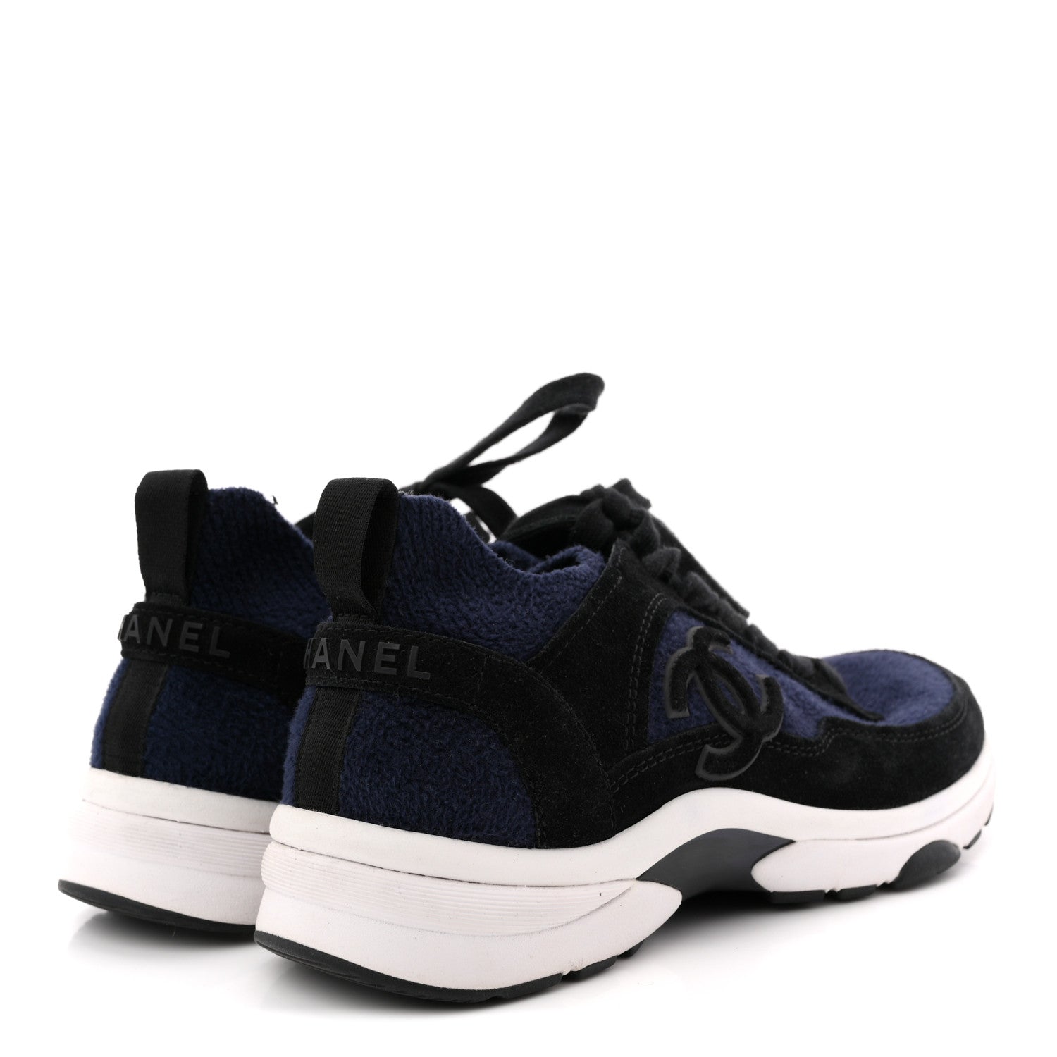 Knit Fabric Suede Calfskin Womens CC Sneakers 36 Navy Black