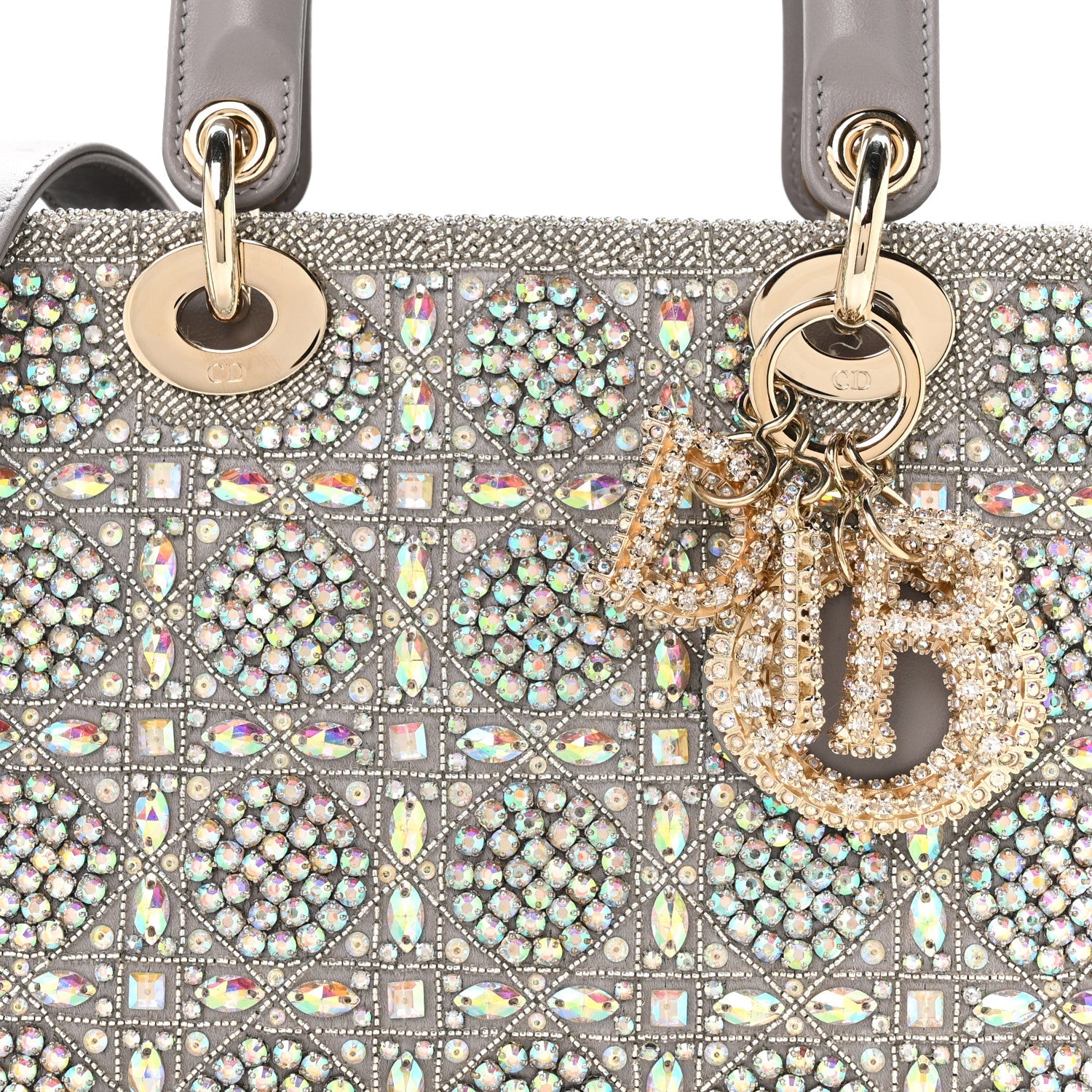 Christian Dior Calfskin Satin Celestial Bead Embroidery Embroidered Small Lady Dior Grey Multicolor
