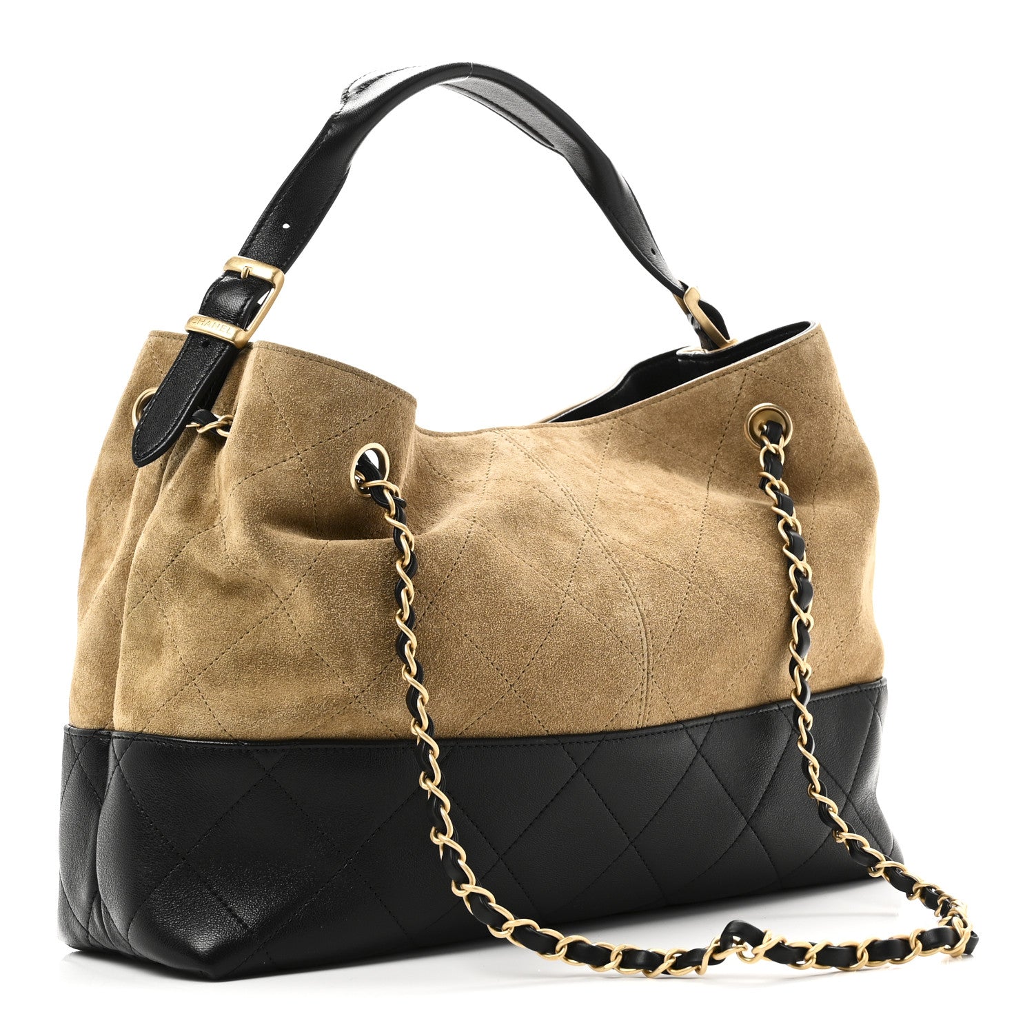 Chanel Suede Calfskin Shiny Lambskin Quilted Small Coco Base Shopping Bag Beige Black