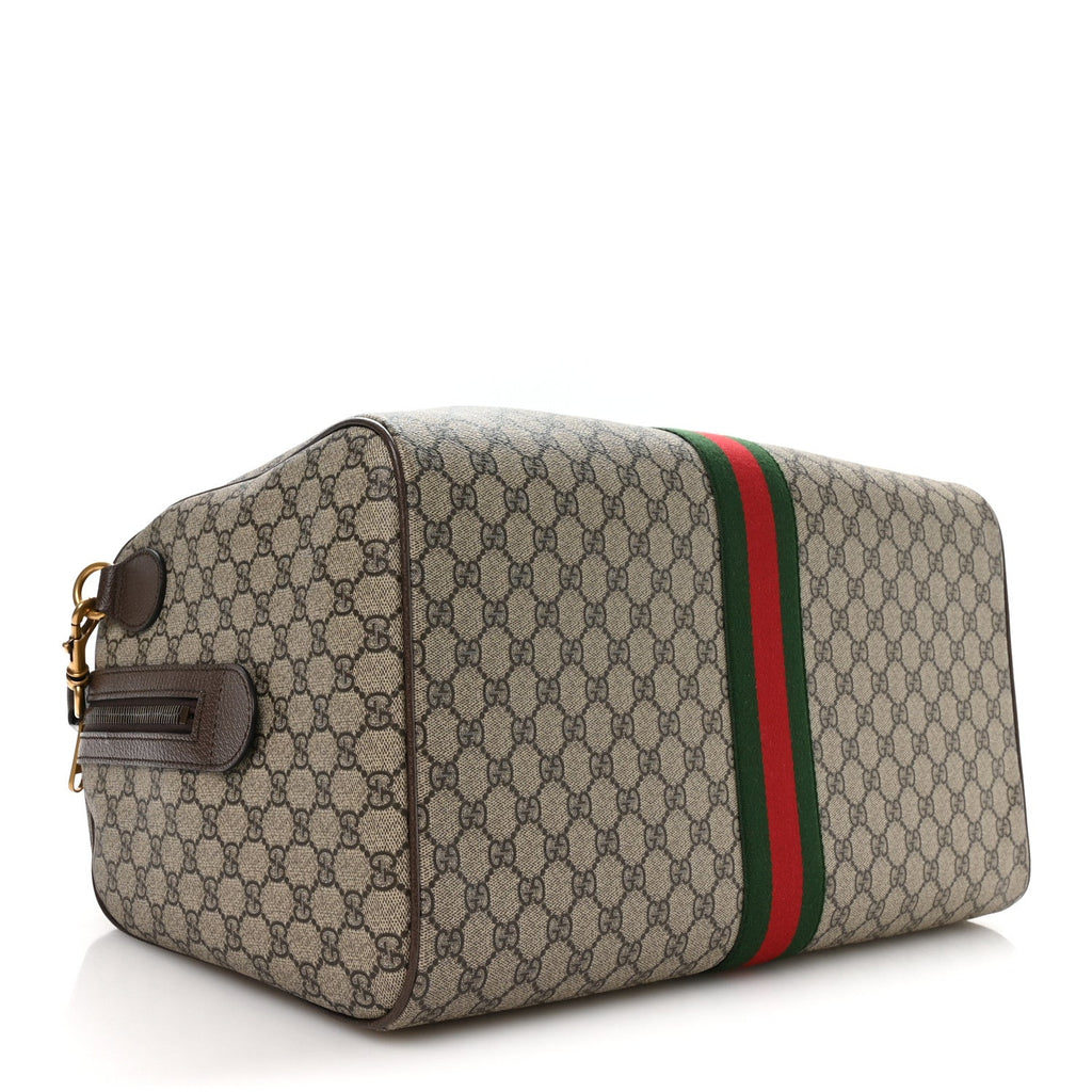 Gucci GG Supreme Monogram Textured Dollar Calfskin Web Medium Savoy Duffle Bag Beige Dark Brown