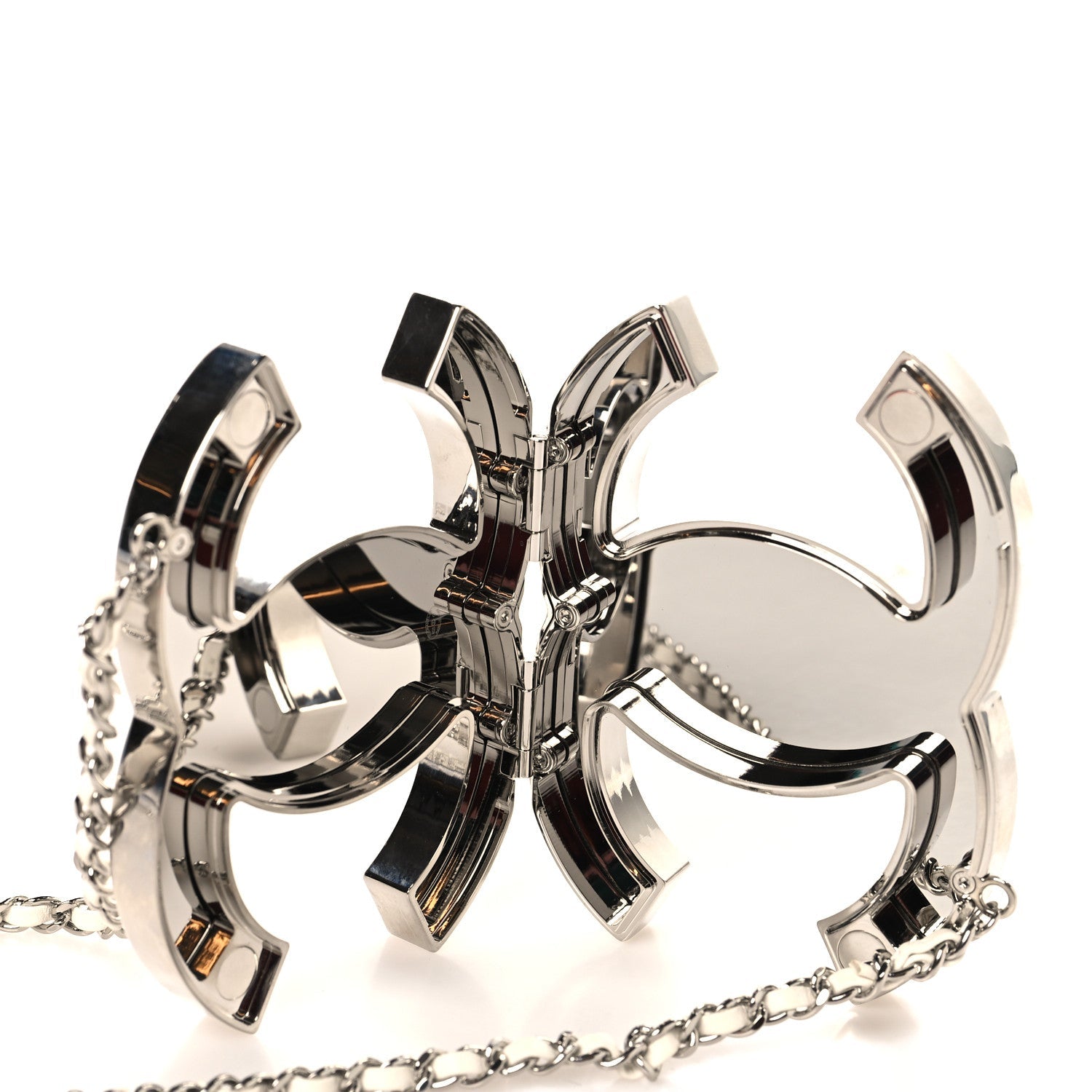 Chanel Metal Lambskin CC Mirror Crossbody Necklace Silver White