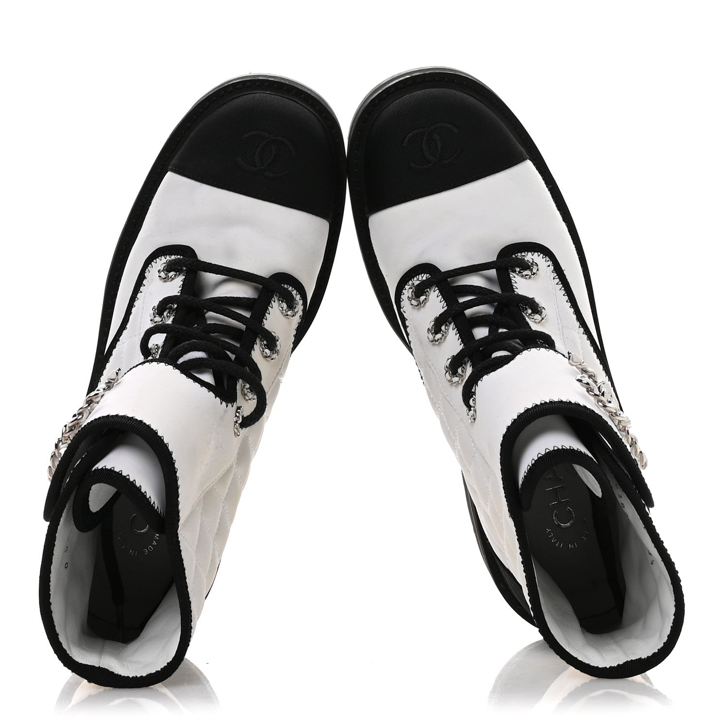 Fabric Grosgrain Quilted Cap Toe Lace Up Combat Boots 38.5 White Black