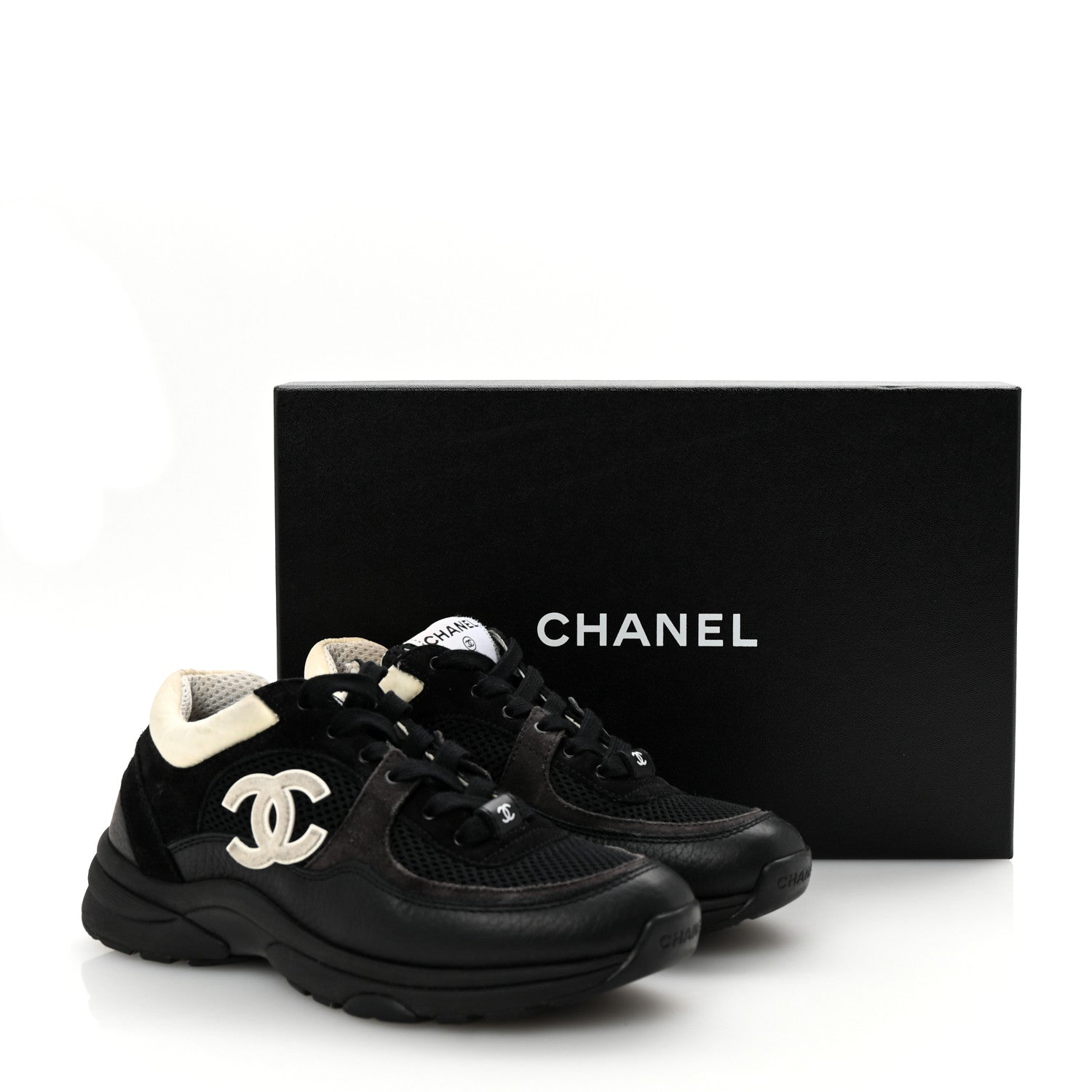Mesh Suede Grained Calfskin Womens CC Sneakers 36.5 Black White