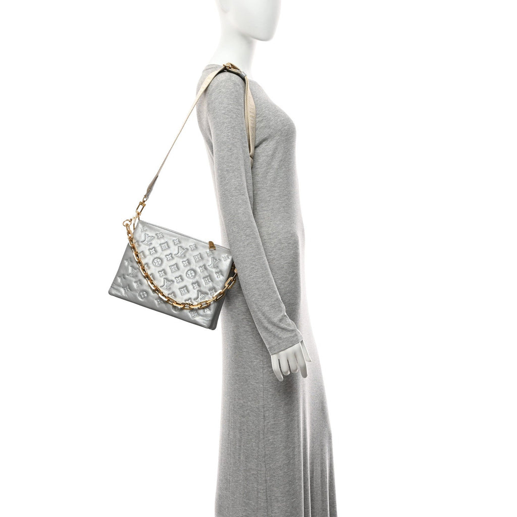 Louis Vuitton Metallic Lambskin Embossed Monogram Coussin PM Silver