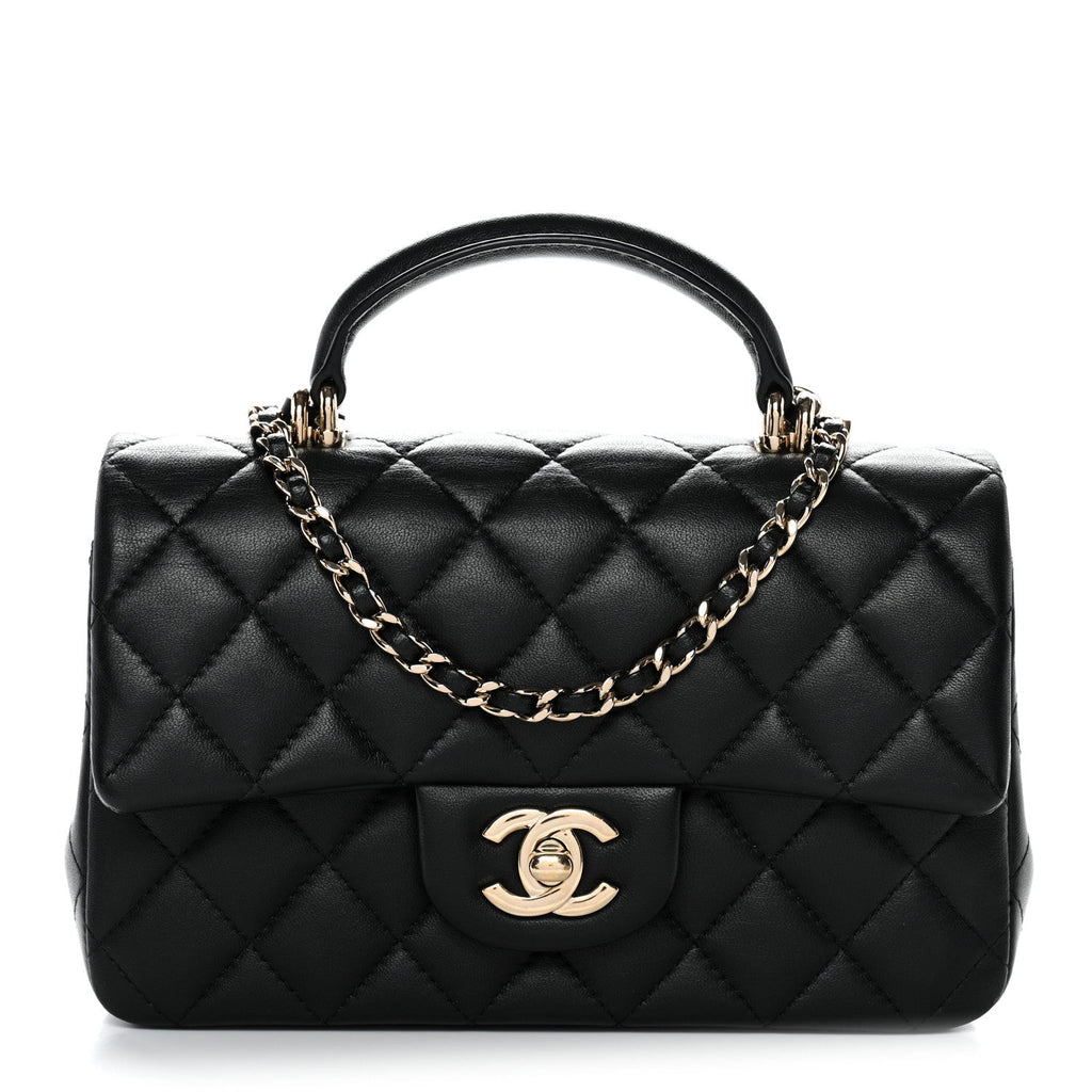 Chanel Lambskin Quilted Mini Top Handle Rectangular Flap Black
