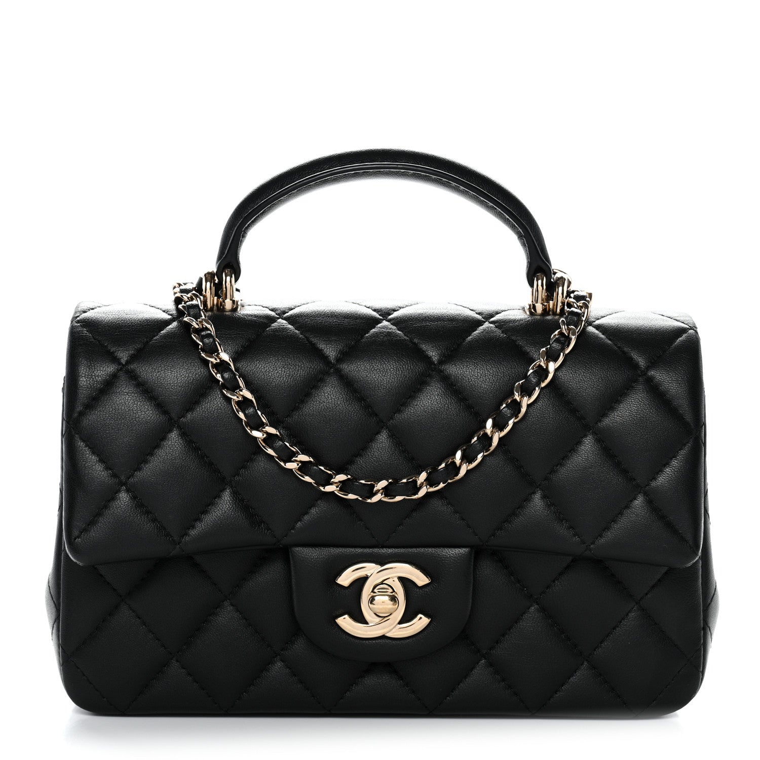 Chanel Lambskin Quilted Mini Top Handle Rectangular Flap Black