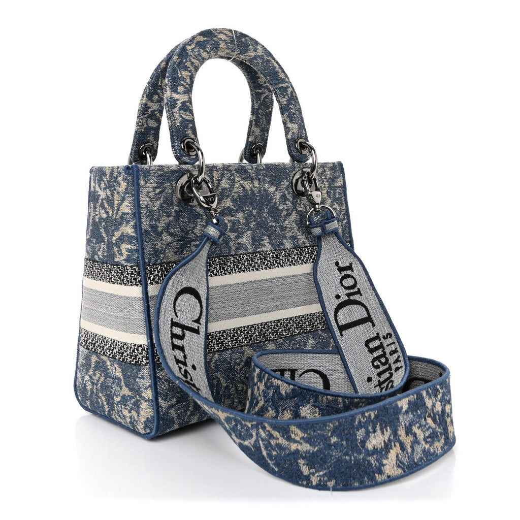 Christian Dior Canvas Embroidered Brocart Medium Lady D-Lite Blue