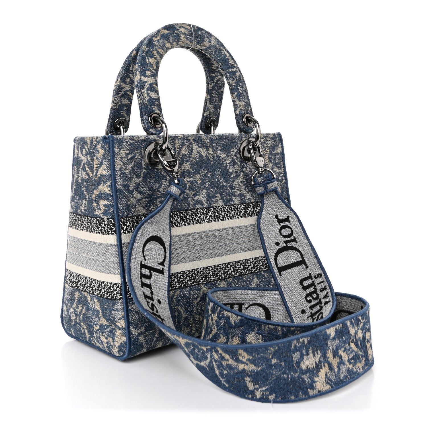 Christian Dior Canvas Embroidered Brocart Medium Lady D-Lite Blue