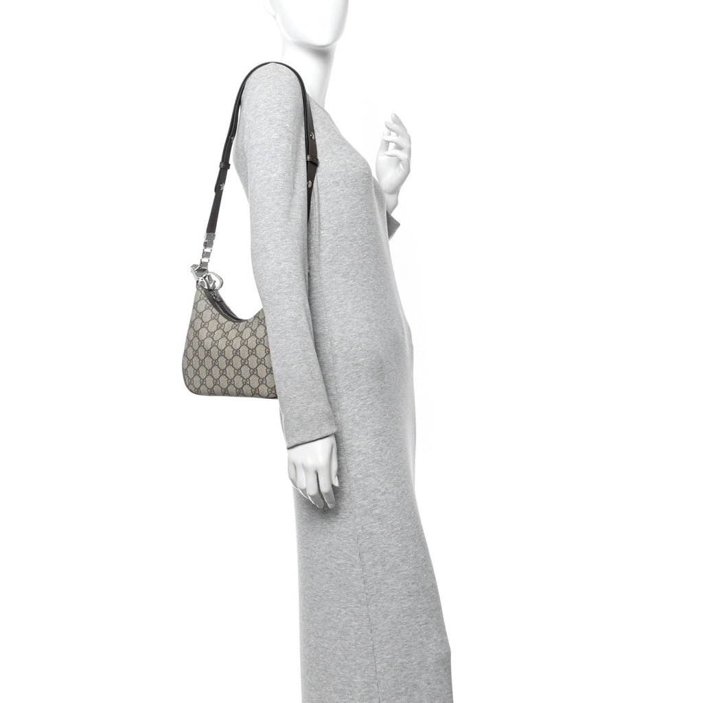 Gucci GG Supreme Monogram Textured Calfskin Web Small Attache Shoulder Bag Beige Ebony New Acero