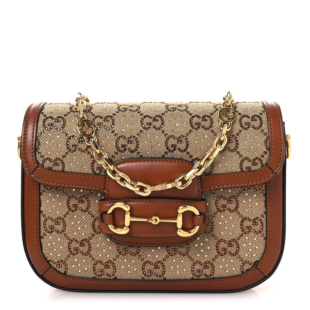 Gucci New Canvas Charisma Calfskin Crystal GG Monogram Mini Horsebit 1955 Shoulder Bag Camel Ebony