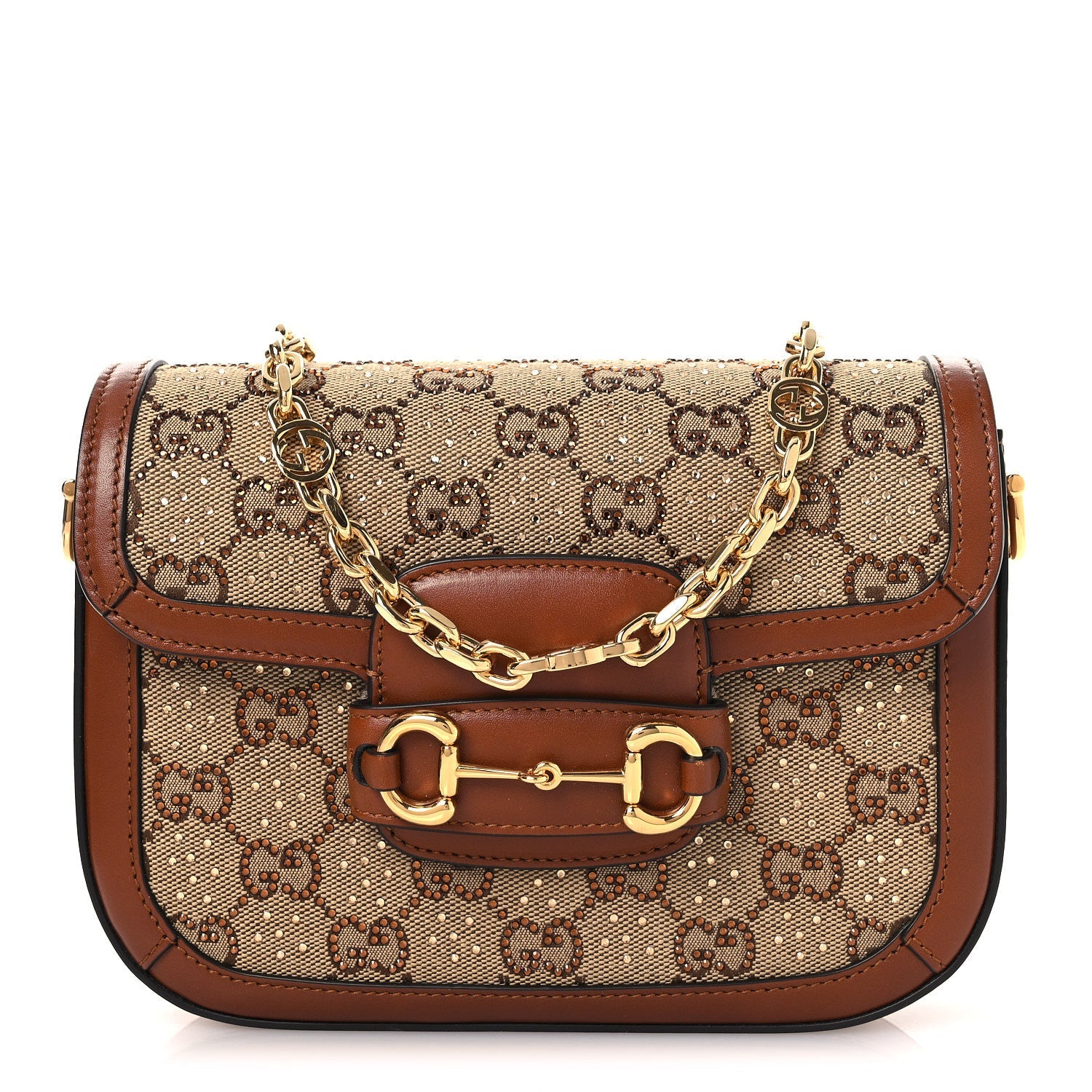 Gucci New Canvas Charisma Calfskin Crystal GG Monogram Mini Horsebit 1955 Shoulder Bag Camel Ebony