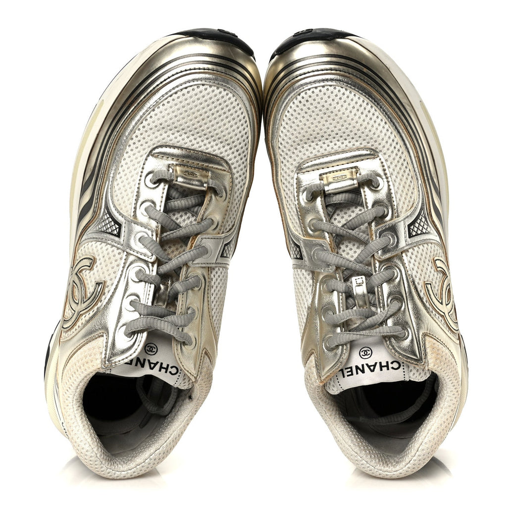 Fabric Laminated Calfskin Stretch CC Sneakers 39.5 White Gold Silver