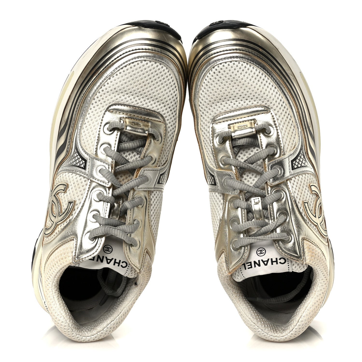 Fabric Laminated Calfskin Stretch CC Sneakers 39.5 White Gold Silver