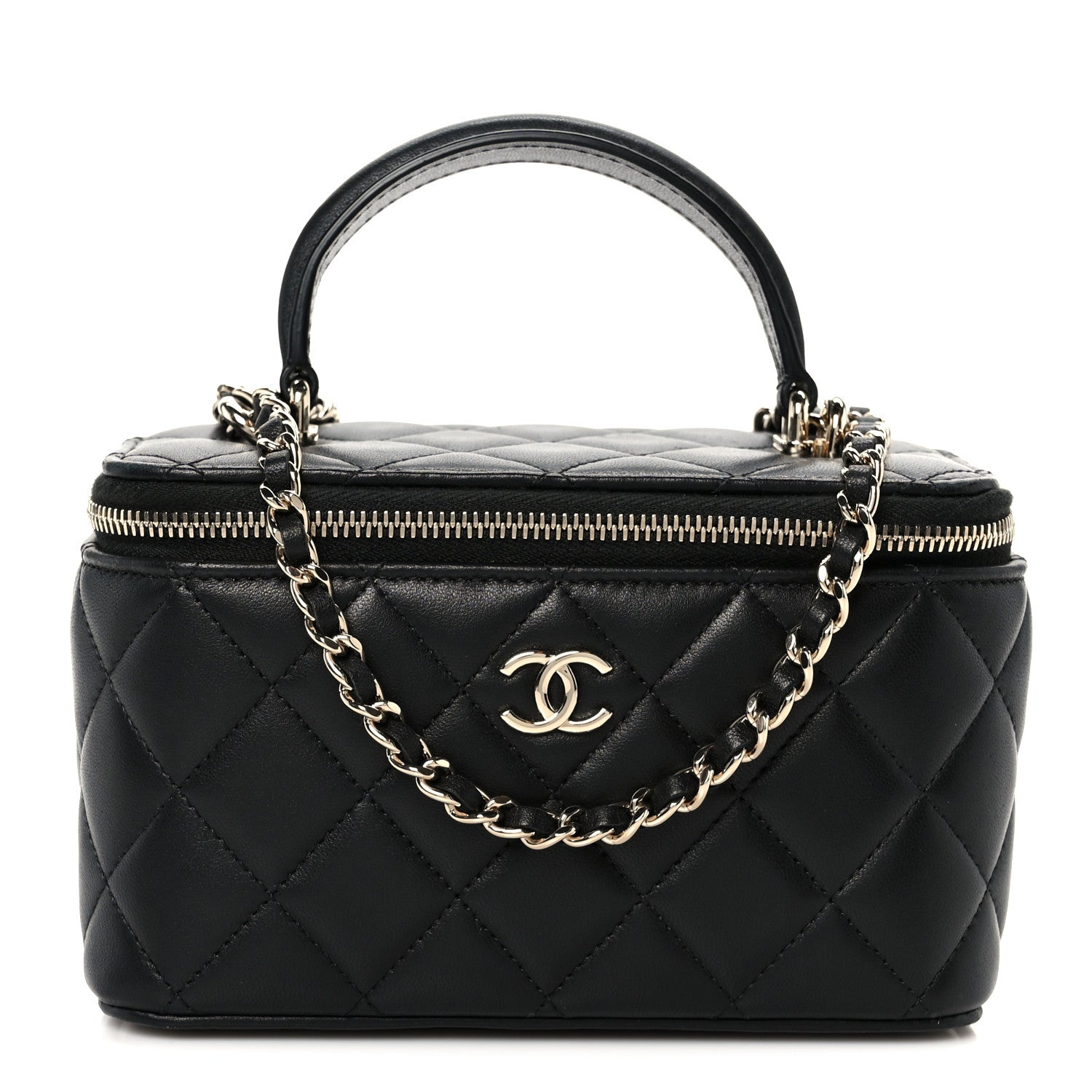 Chanel Lambskin Quilted Small Top Handle Vanity Case With Chain Black