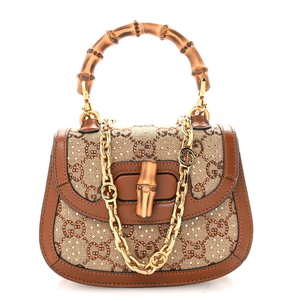 Gucci New Canvas Charisma Calfskin Crystal GG Monogram Small Bamboo 1947 Top Handle Bag Camel Ebony