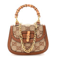 Gucci New Canvas Charisma Calfskin Crystal GG Monogram Small Bamboo 1947 Top Handle Bag Camel Ebony