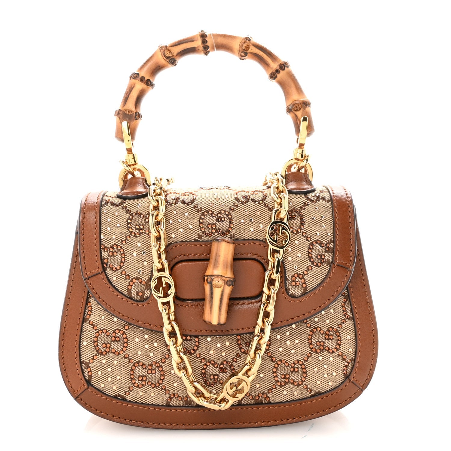 Gucci New Canvas Charisma Calfskin Crystal GG Monogram Small Bamboo 1947 Top Handle Bag Camel Ebony