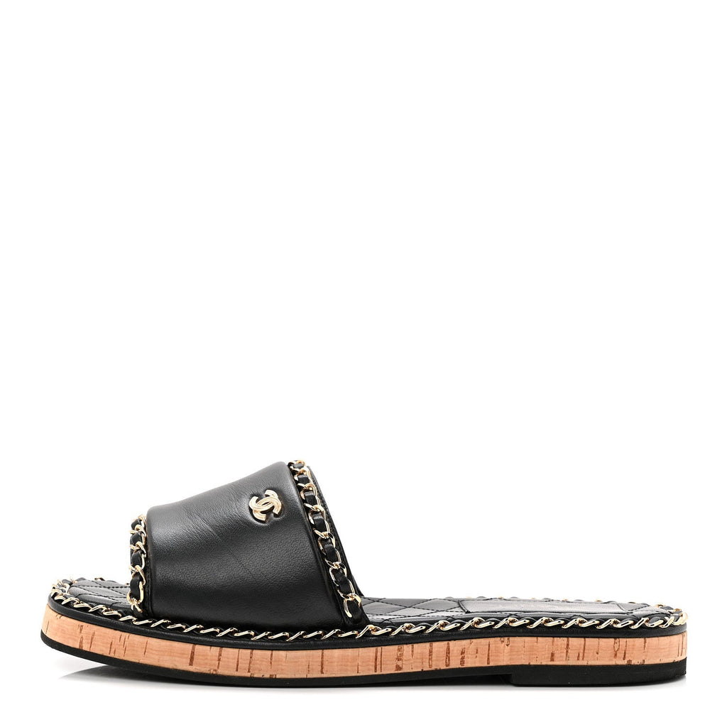 Lambskin Chain Cork Slide Sandals 38 Black