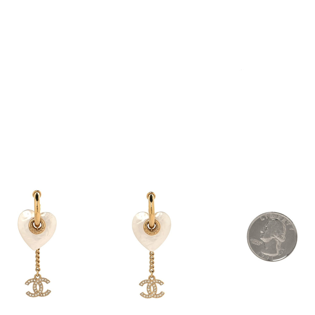 Metal Pearl Crystal Heart Chain Drop CC Earrings Gold White
