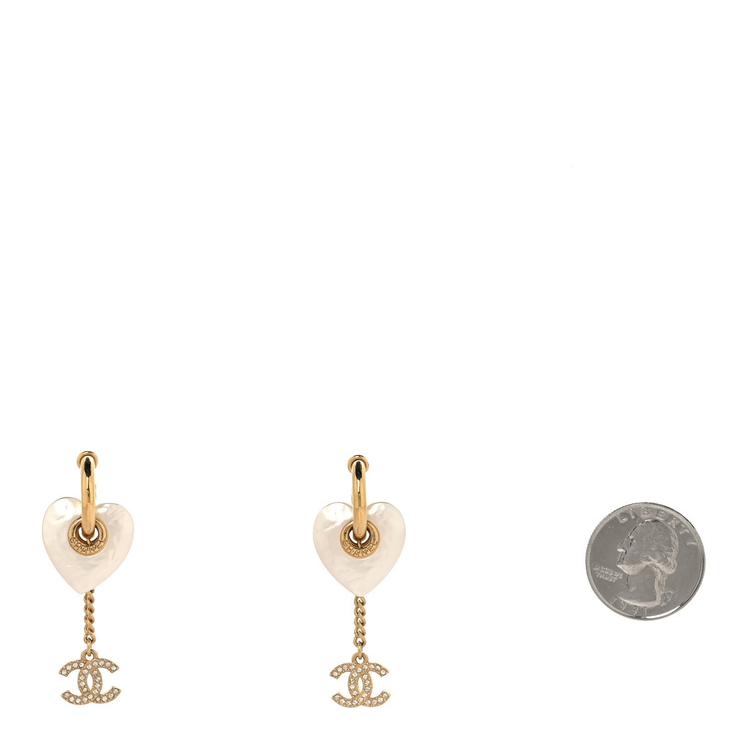 Metal Pearl Crystal Heart Chain Drop CC Earrings Gold White
