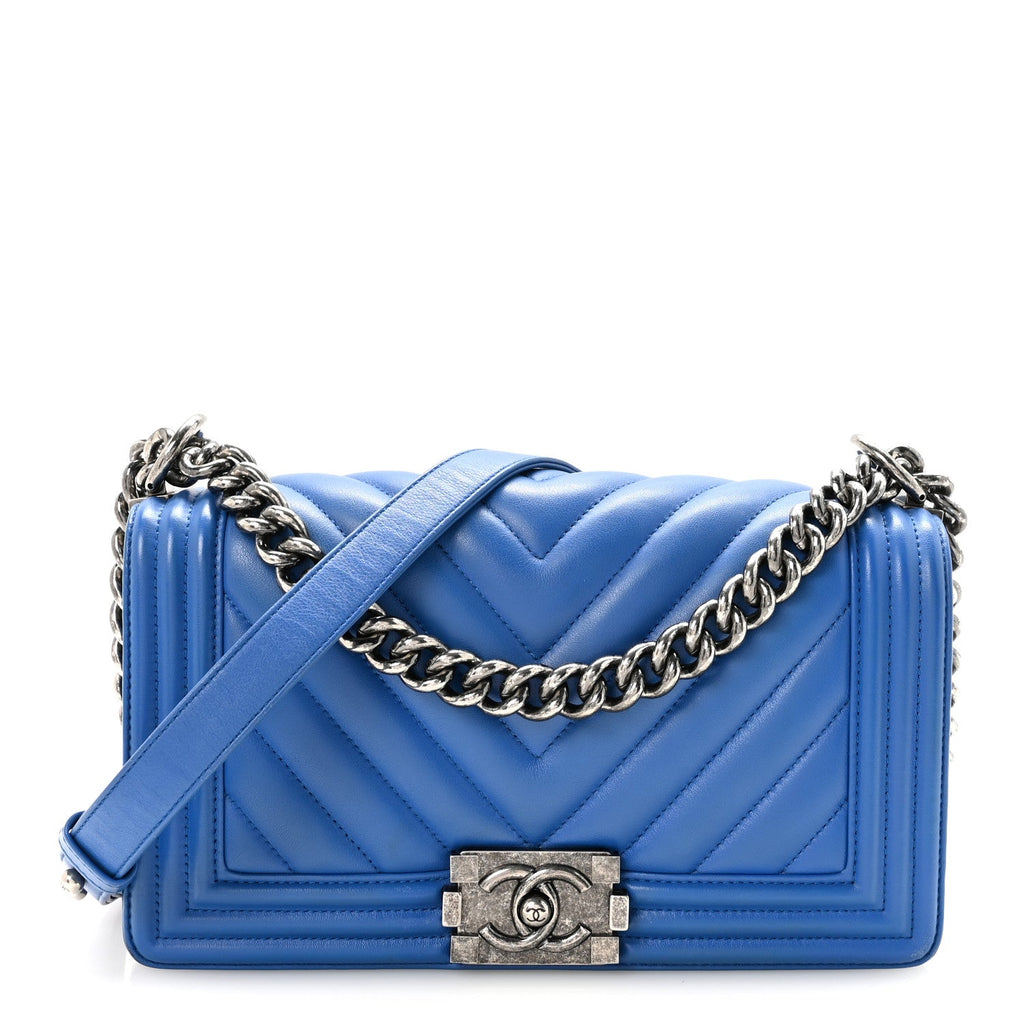 Chanel Lambskin Chevron Quilted Medium Boy Flap Bright Blue