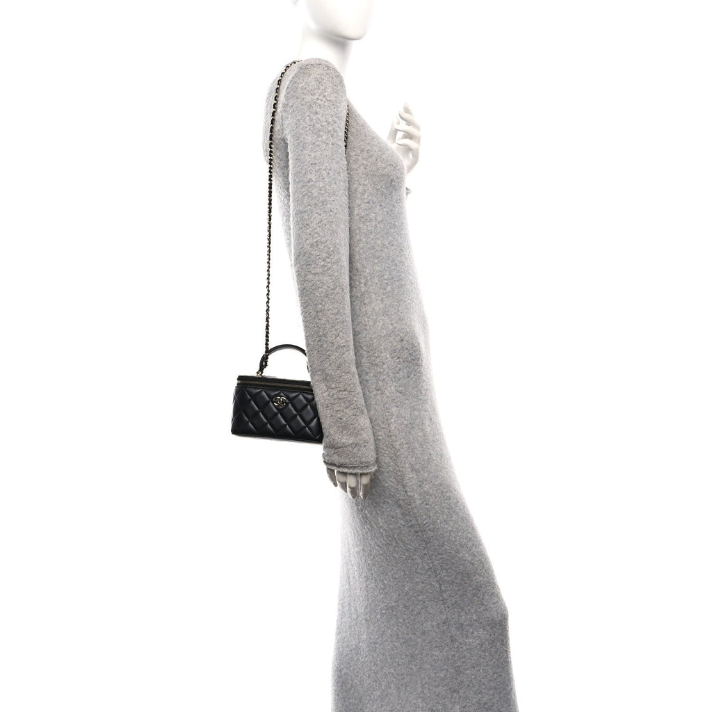Chanel Lambskin Quilted Small Top Handle Vanity Case With Chain Black