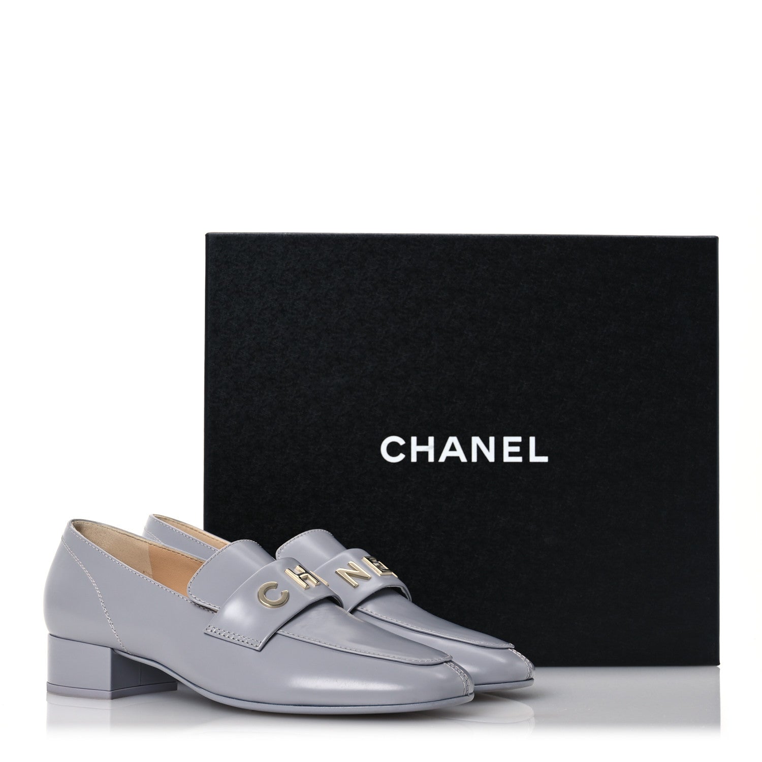 Chanel Shiny Calfskin Logo Loafers 37 Light Grey