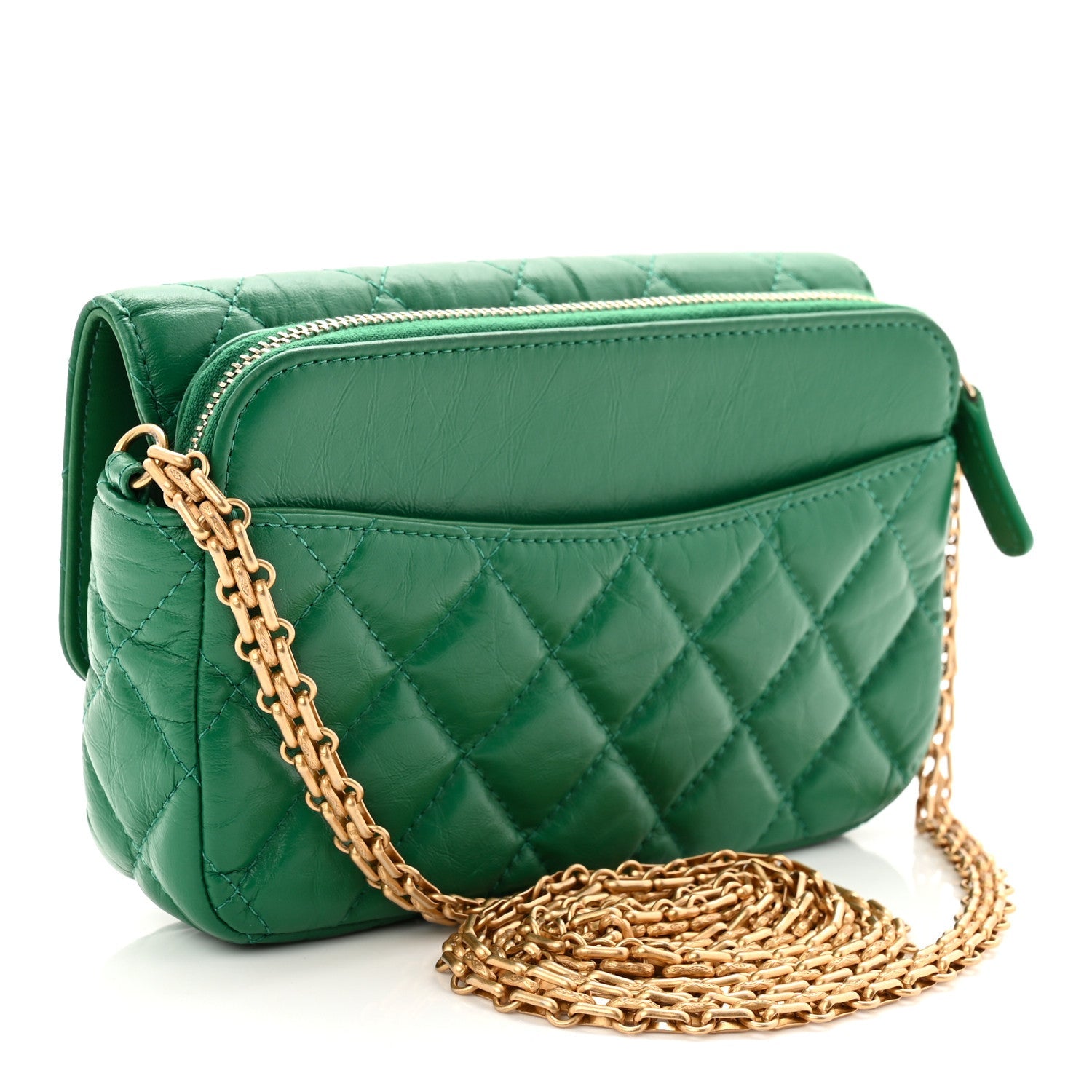 Chanel Aged Calfskin Quilted Reissue 2.55 Phone Holder With Chain Green