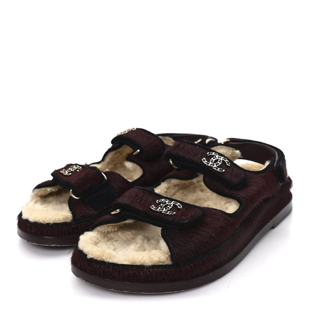 Calf Hair Suede Shearling Dad Sandals 36.5 Burgundy Black