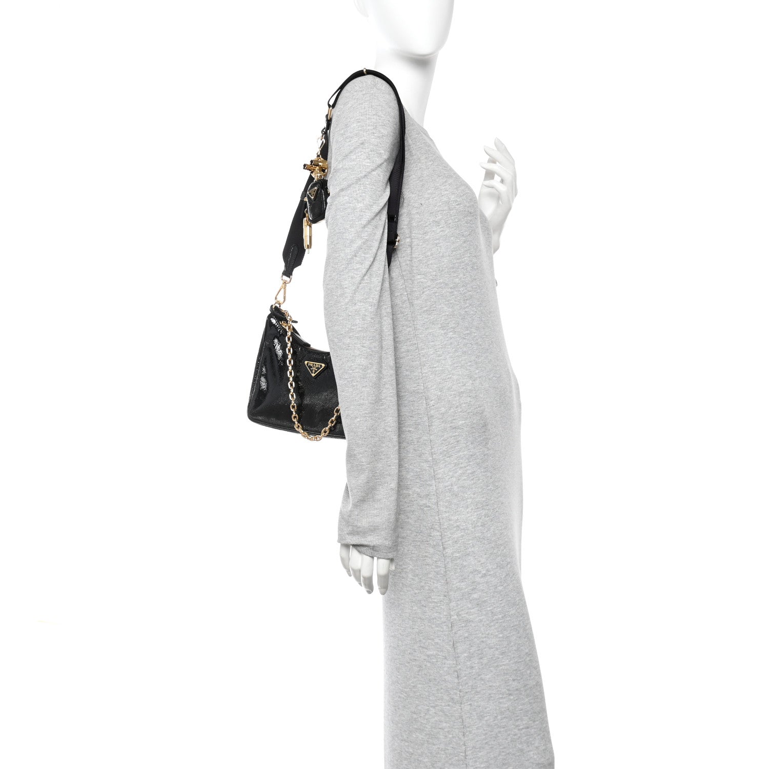 Prada Patent Naplak Re-Edition 2005 Shoulder Bag With Charm Black