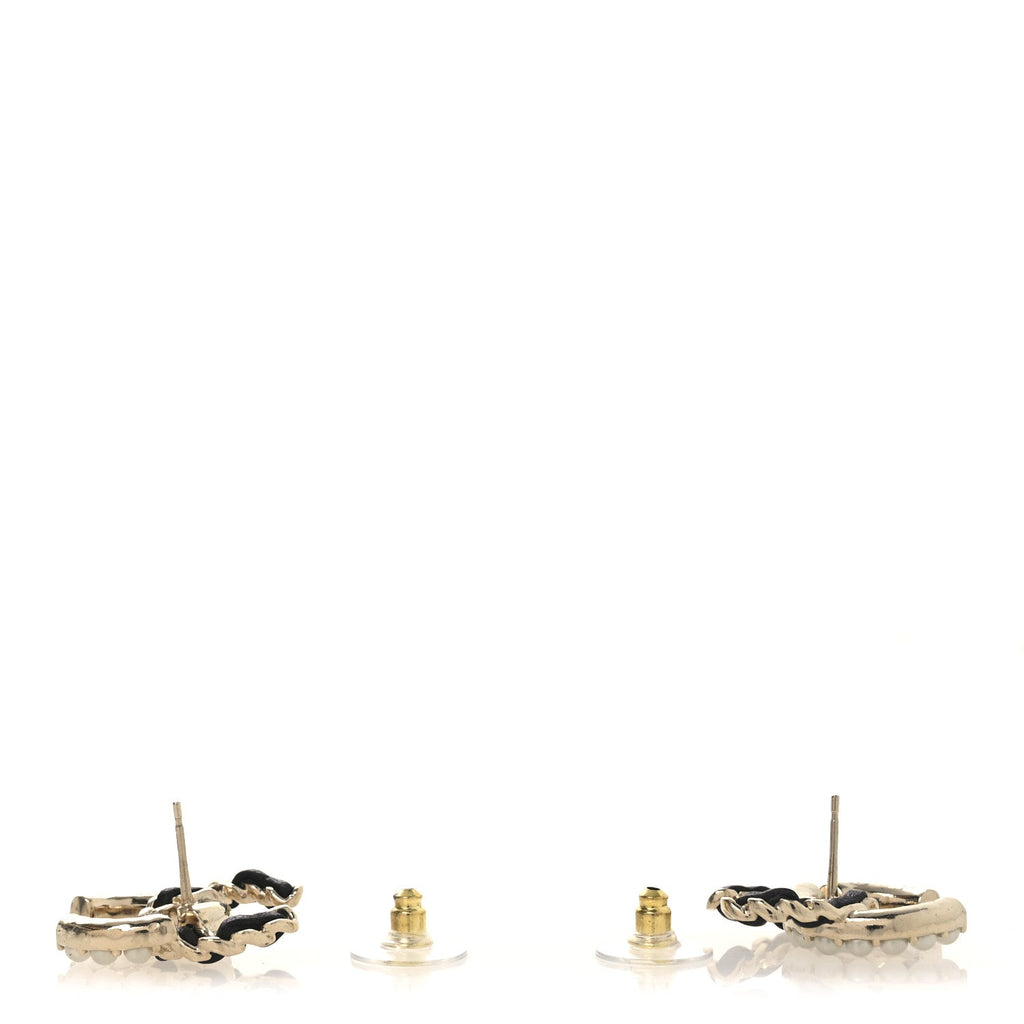 Pearl Lambskin Chain CC Stud Earrings Gold Black