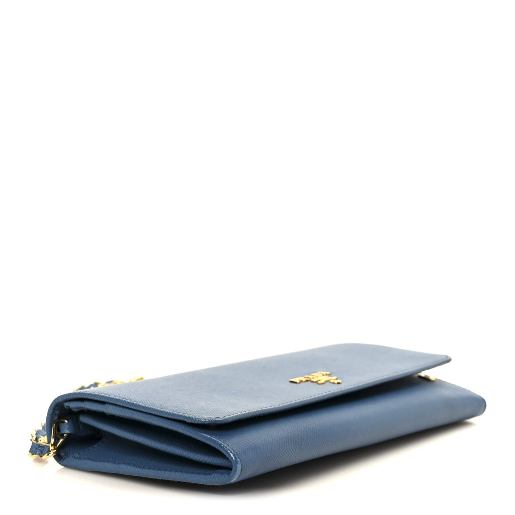 Prada Saffiano Metal Oro Chain Wallet Cobalto