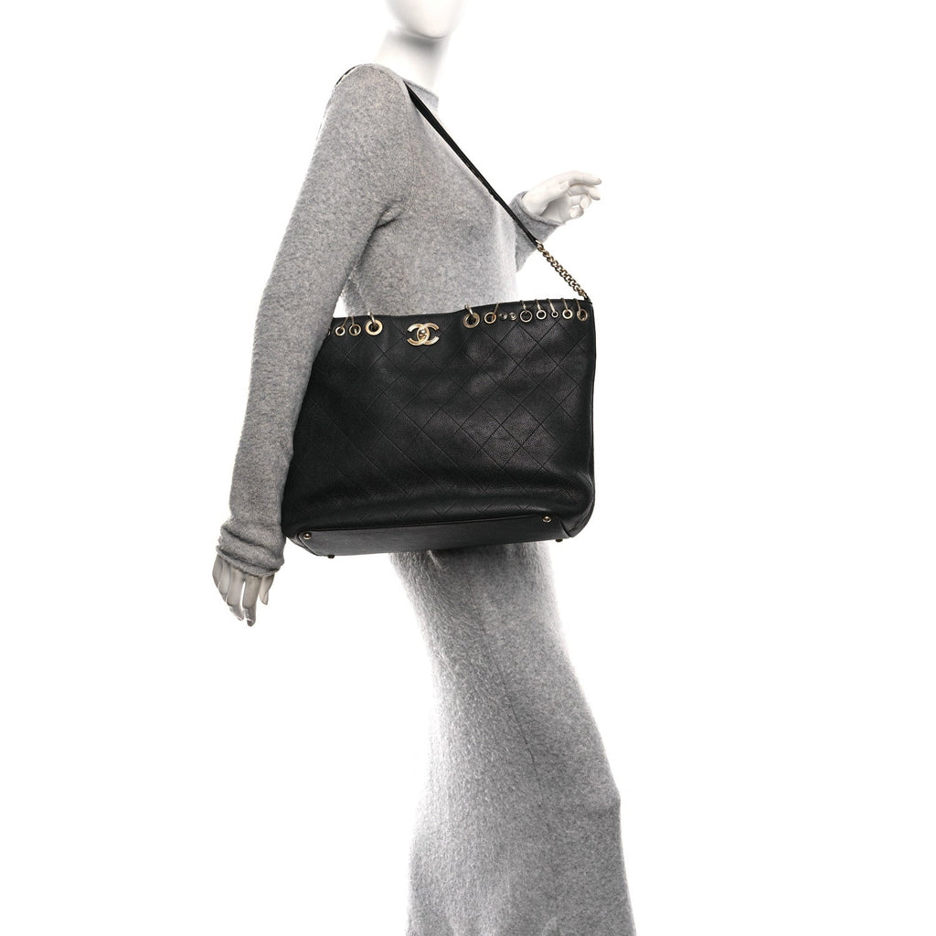 Chanel Caviar Quilted Grommet Embellished Piercing Chic Tote Bag Black