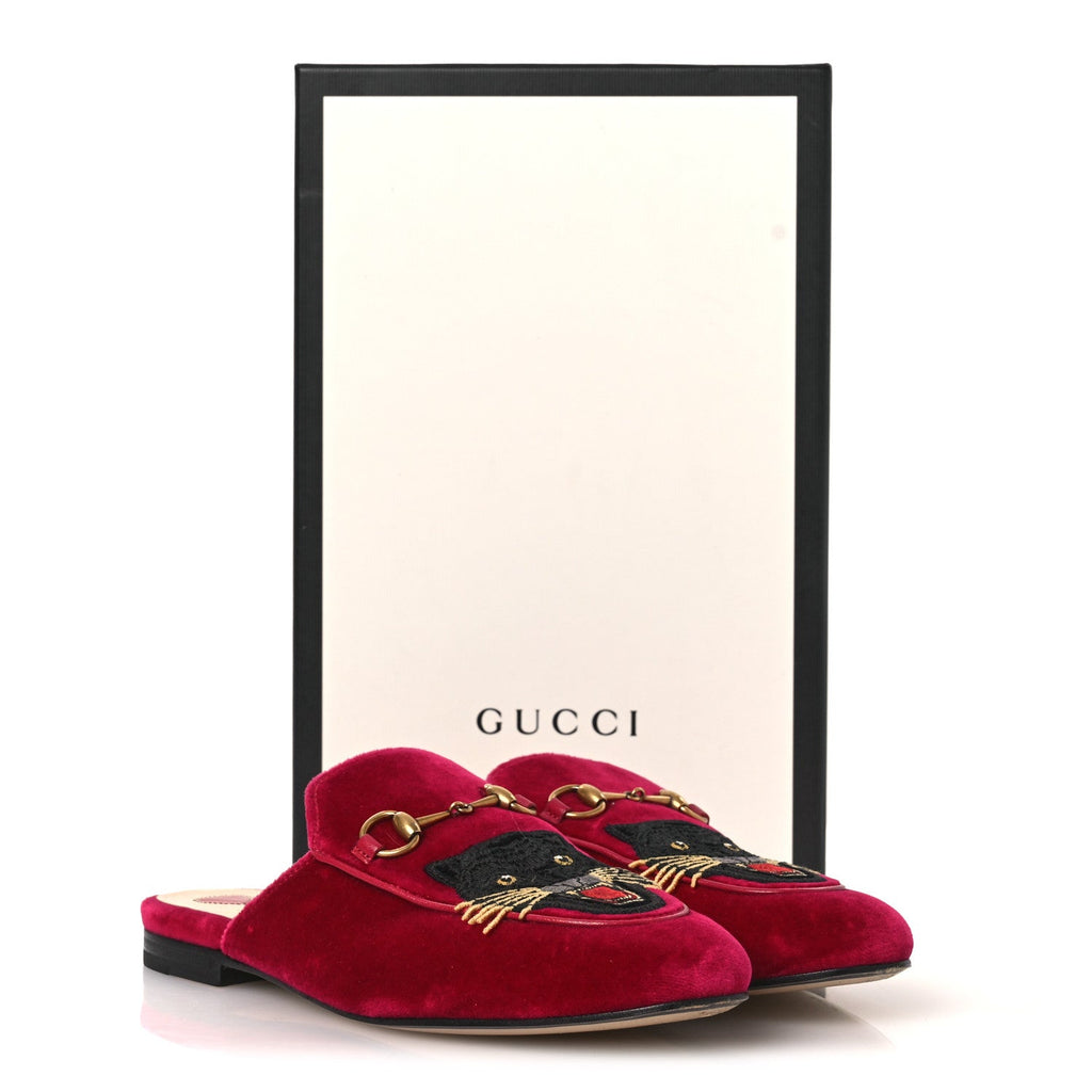 Gucci Velvet Panther Embroidered Womens Princetown Slippers 38 Raspberry Sherbet