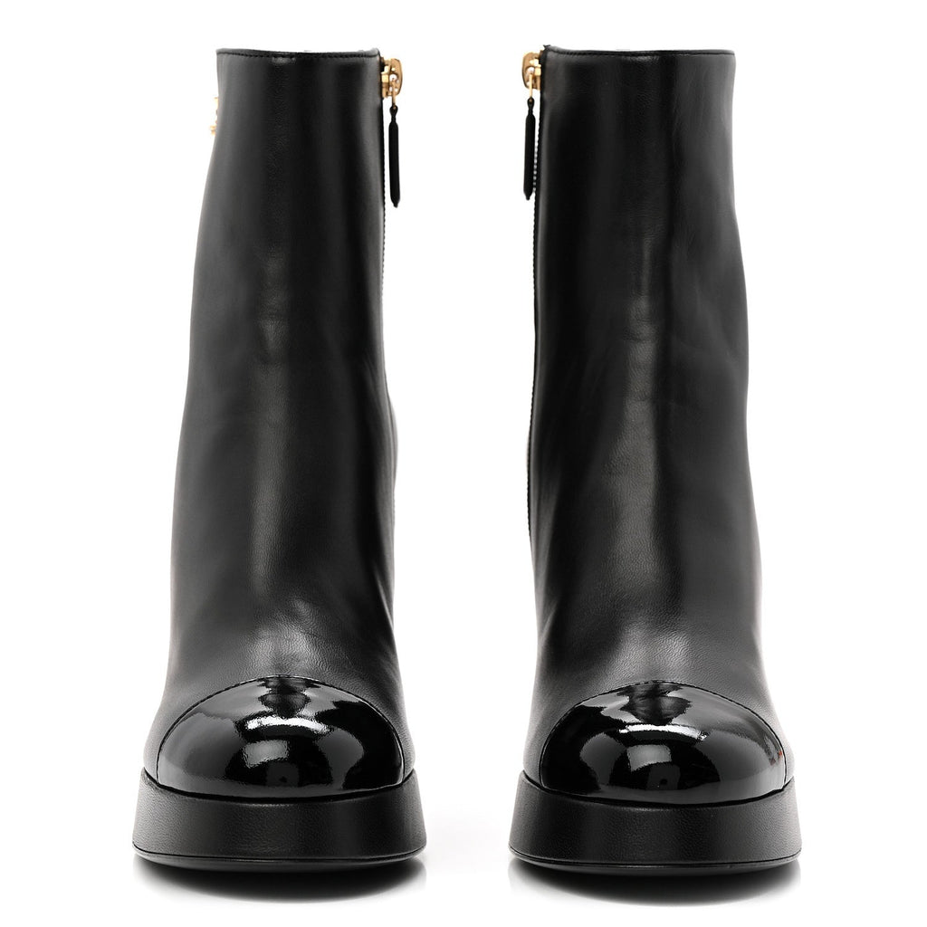 Lambskin Patent CC Crystal Bow Cap Toe Short Boots 37 Black