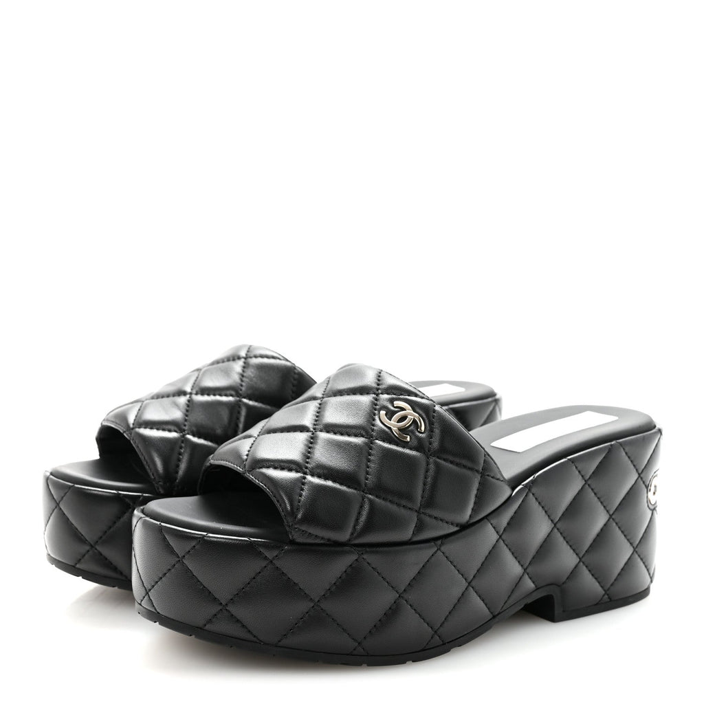 Lambskin Quilted CC Mules Wedge Sandals 37 Black