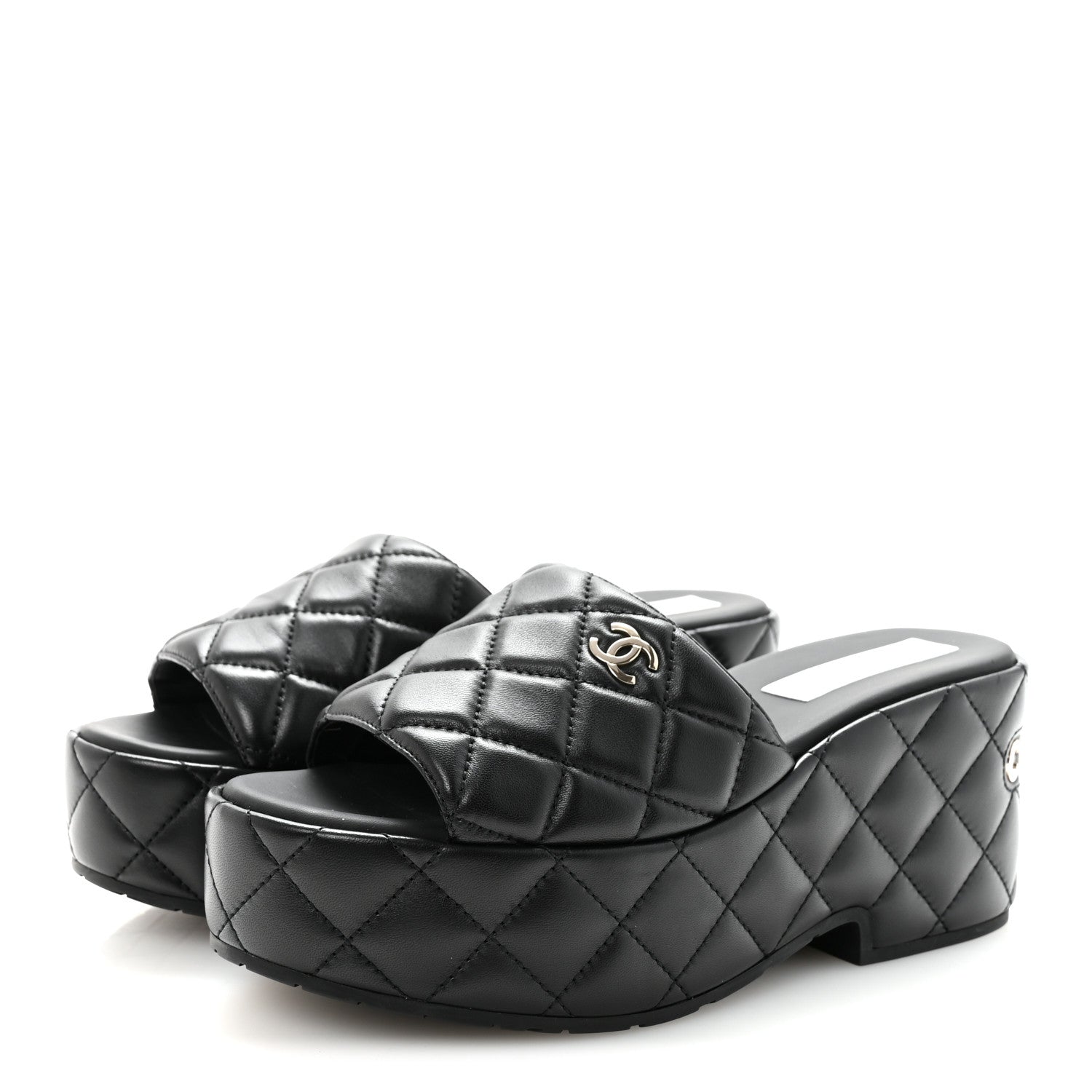 Lambskin Quilted CC Mules Wedge Sandals 37 Black
