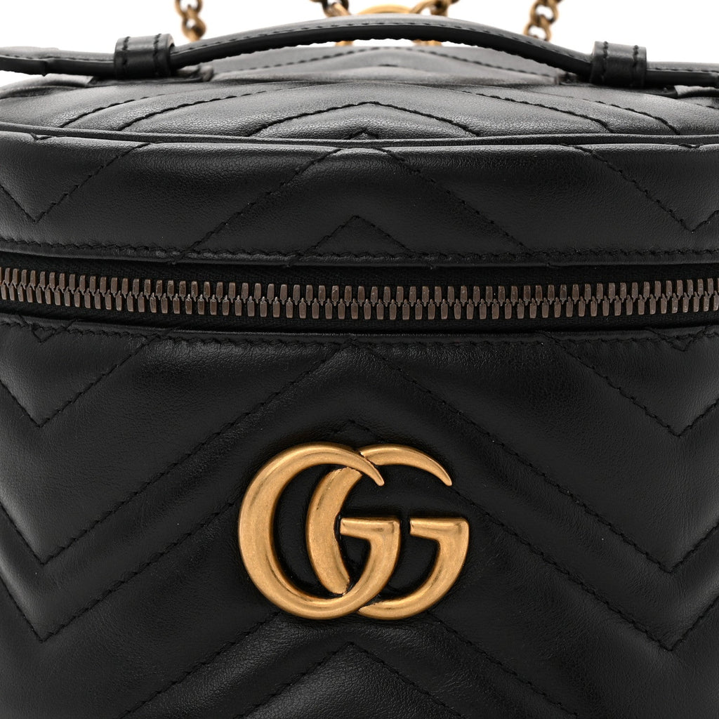 Gucci Calfskin Matelasse Chevron Mini GG Marmont Top Handle Bag Black