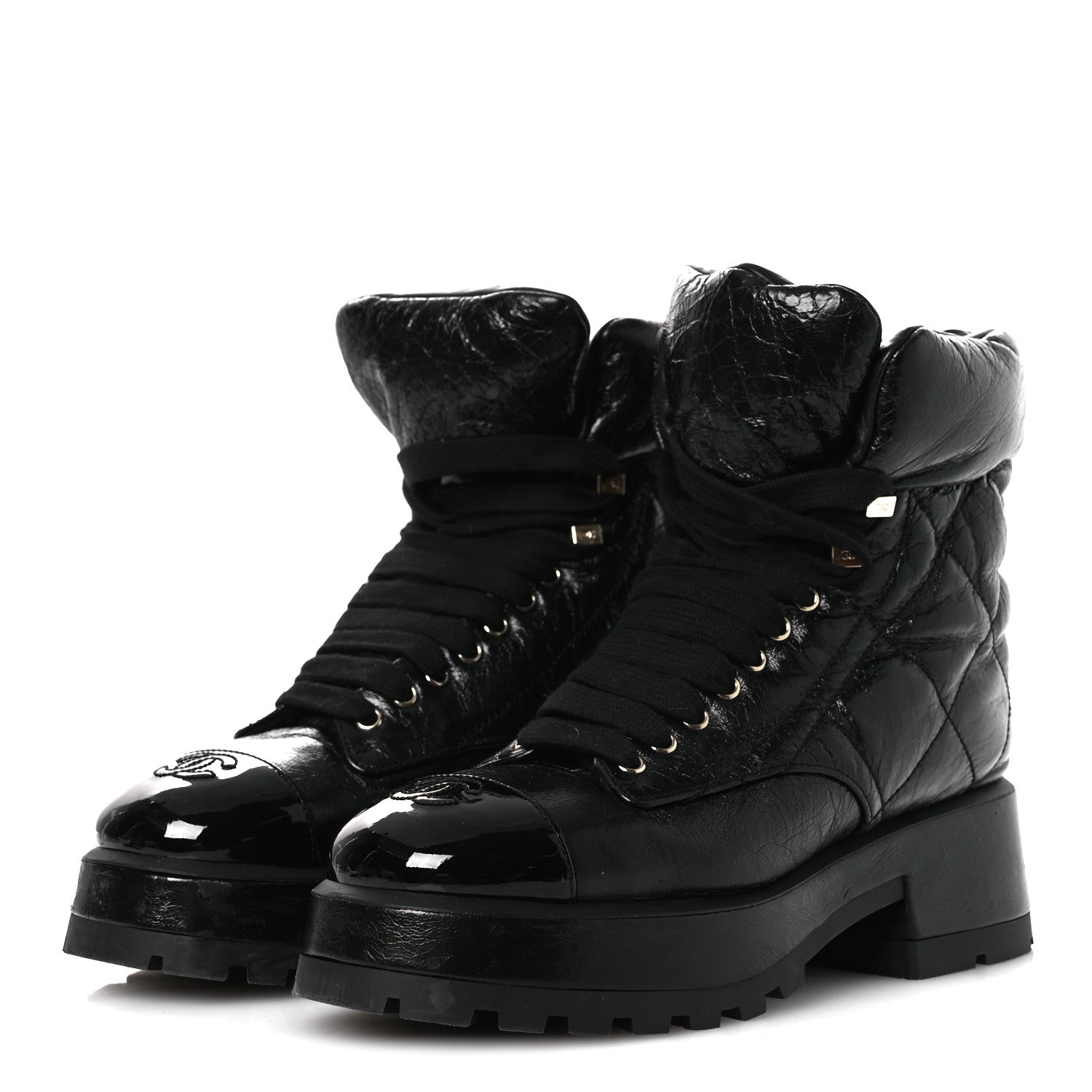 Crumpled Patent Lambskin Calfskin Quilted Lace Up Combat Boots 39 Black
