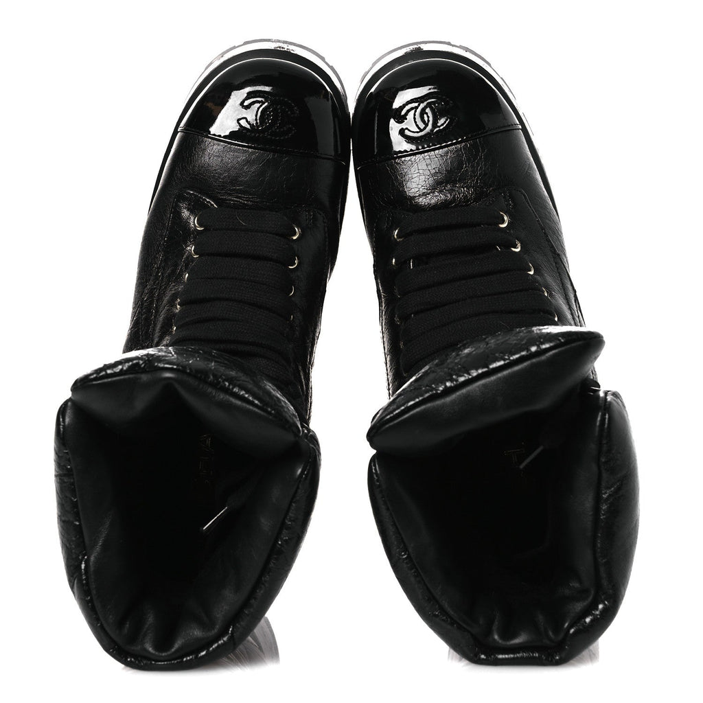 Crumpled Patent Lambskin Calfskin Quilted Lace Up Combat Boots 39 Black