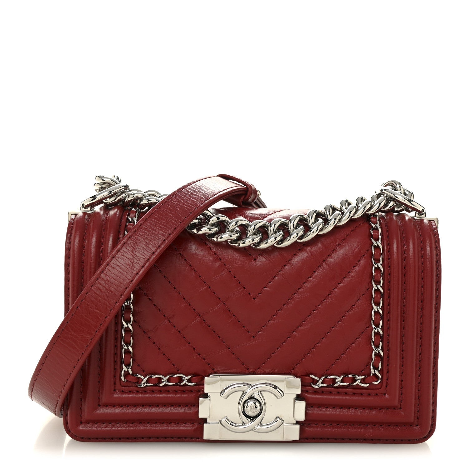 Chanel Aged Calfskin Chevron Quilted Small Jacket Boy Flap Red
