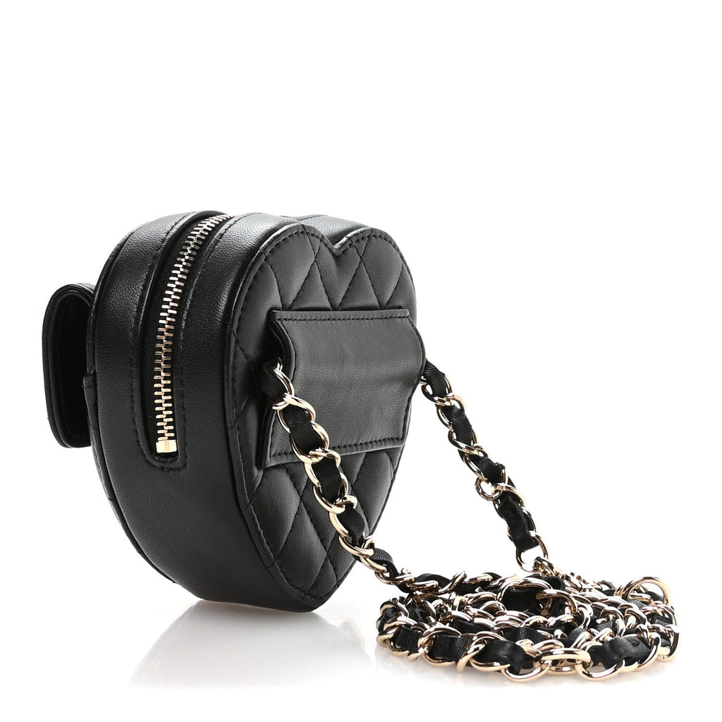 Chanel Lambskin Quilted CC In Love Heart Waist Belt Bag With Chain Black