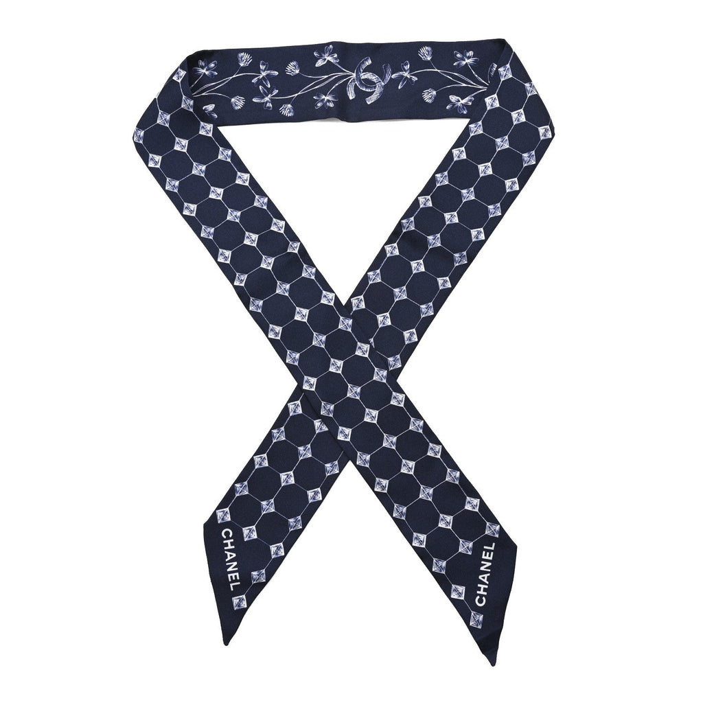 Chanel Silk CC Slim Bandeau Scarf Blue White