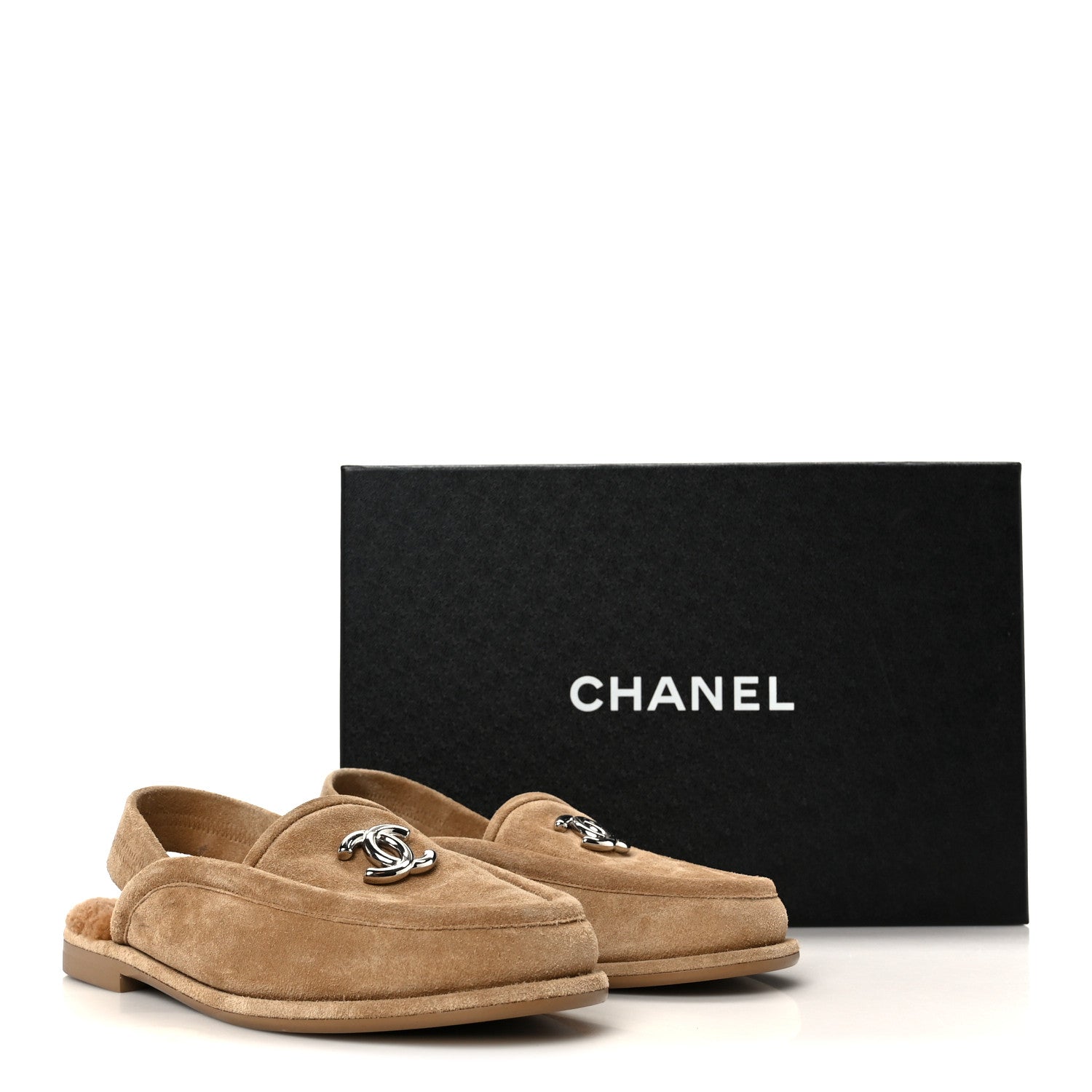 Chanel Suede Calfskin CC Slingback Loafers 35 Dark Beige