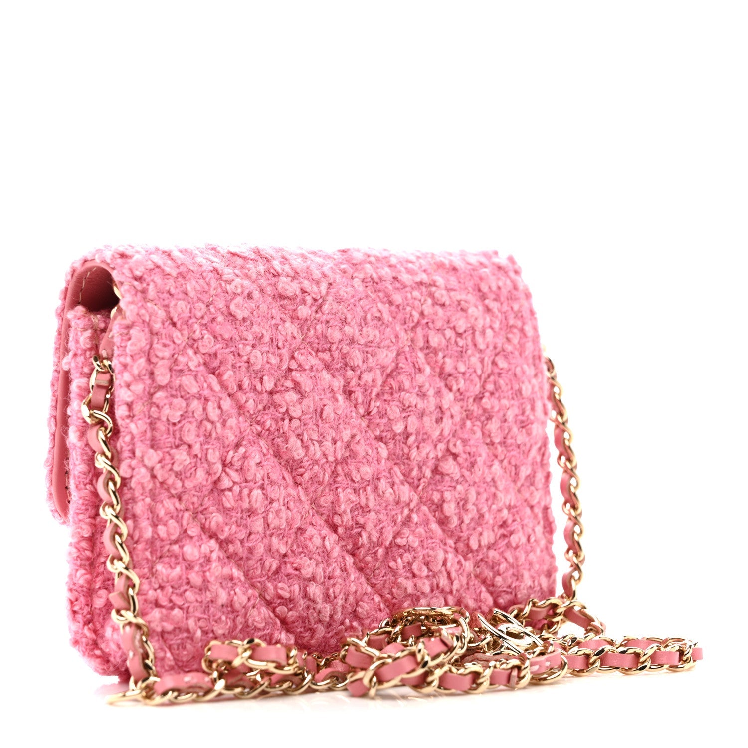 Chanel Tweed Quilted Flap Chain Waist Bag Pink